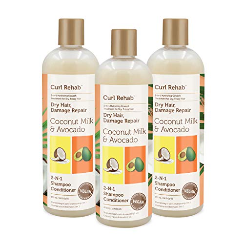 Curl Rehab 2-in-1 Shampoo & Conditioner for Dry Damaged Hair - Coconut Milk & Avocado Enriched Hair Treatment (3 Pack, 16 Oz Each) | Deep Moisturizing for Curly, Frizzy Hair - Perfect for Daily Hair Care & Salon-Quality Results at Home