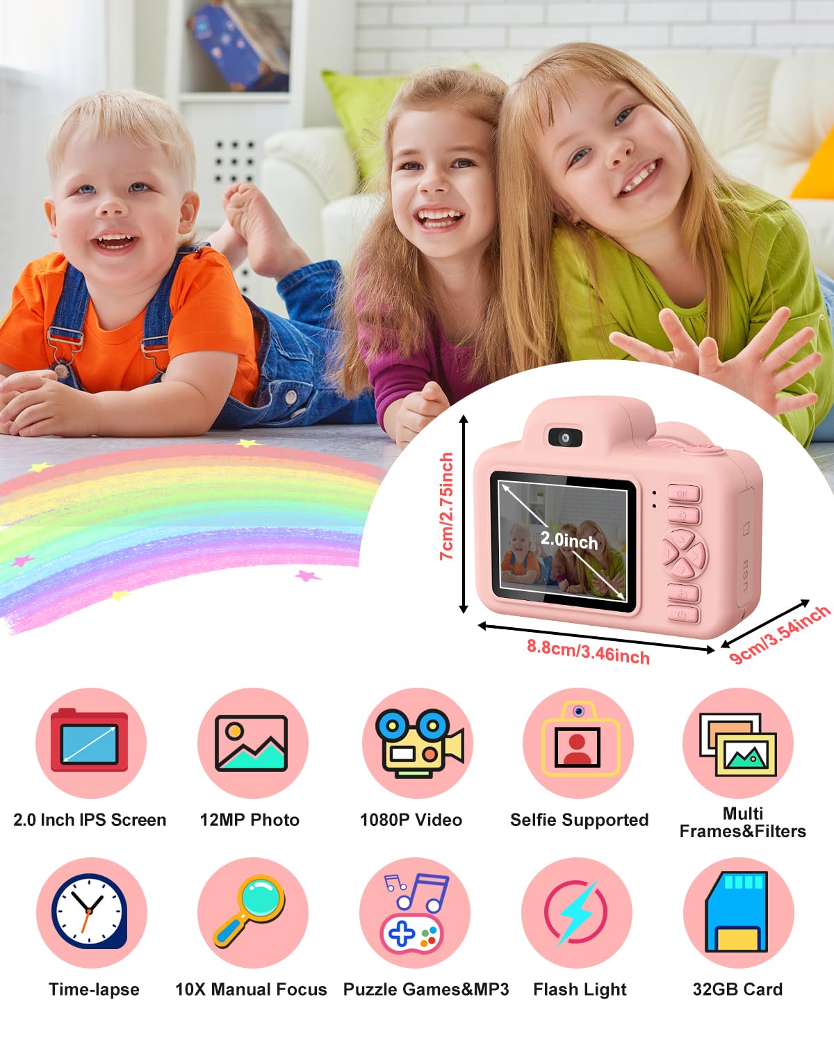 **Kids Digital Camera with Flash - 1080P HD Video & 2 Inch Screen, 32GB Memory - Best Christmas Birthday Gift for Boys Girls Age 3-12 - Perfect for Travel, Parties & Outdoor Adventures (Pink)**