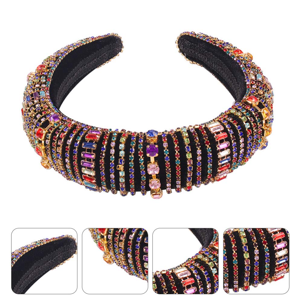FRCOLOR Black Elastic Hair Band with Full Diamond Design - Stretchy Wide Brim Headband for Women, Pearl-Colored Hair Accessories for Parties, Weddings & Everyday Wear