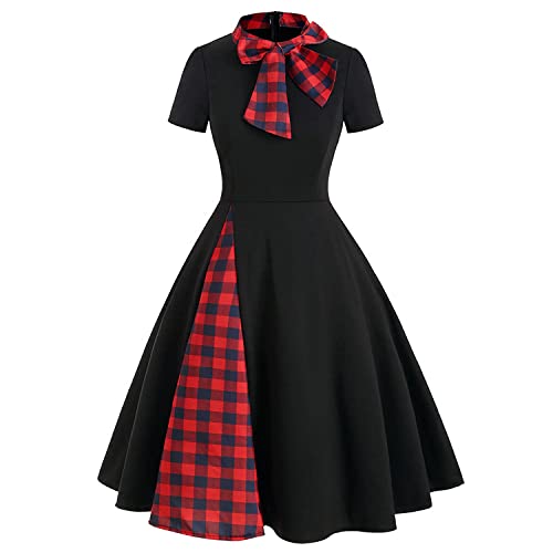 Vintage Plaid Dresses for Women - Elegant Short Sleeve Midi Dress with Bowknot | Casual Party Cocktail Holiday Dress for Christmas | Perfect for Office, Date Night & Holiday Gatherings