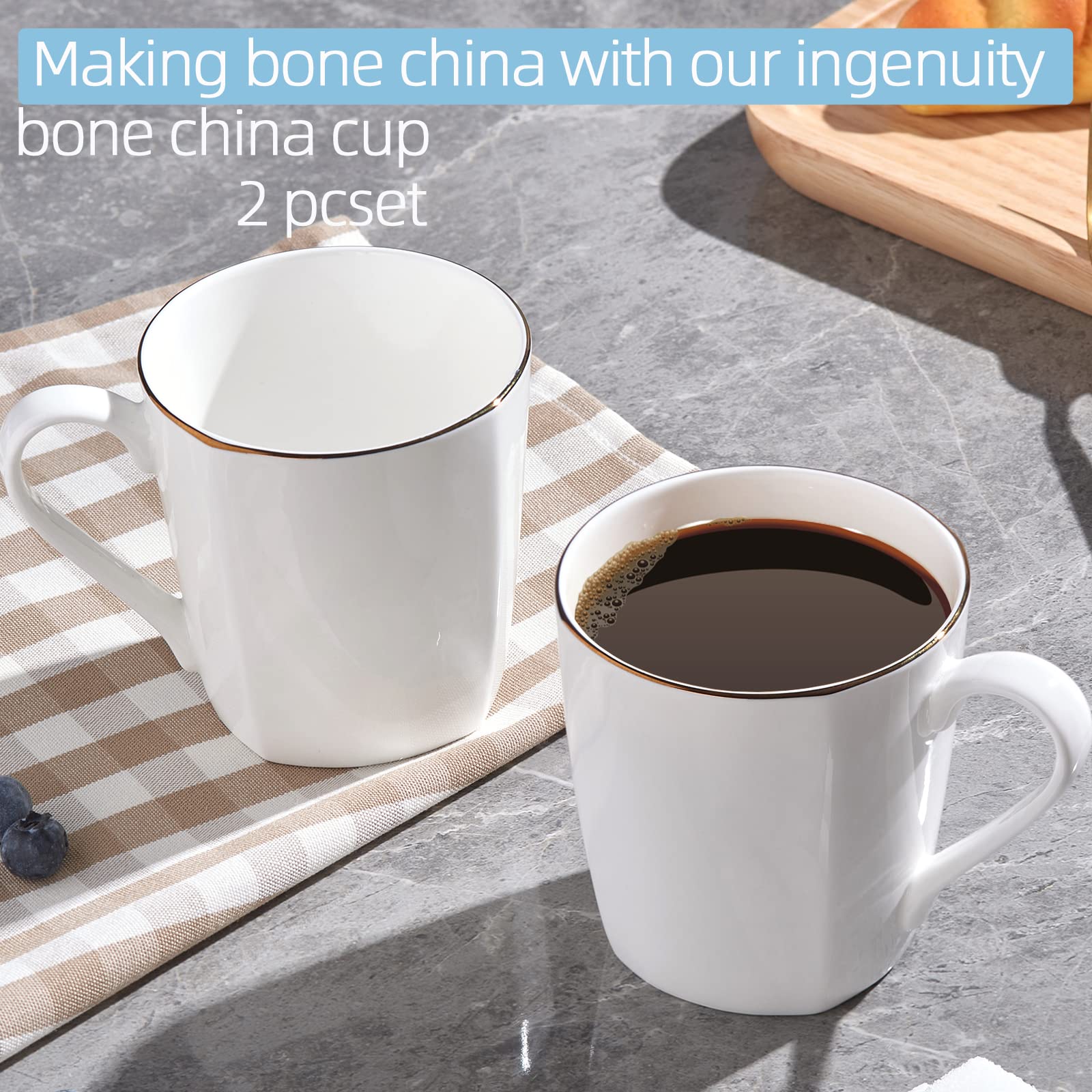 Premium 10oz Fine Bone China Coffee Mugs Set of 2 - 45% Bone Content Porcelain Cups with Handle for Coffee, Tea, Latte & Cappuccino - Microwave & Dishwasher Safe - Elegant White Lightweight Tea Cups for Home, Office & Restaurant Use
