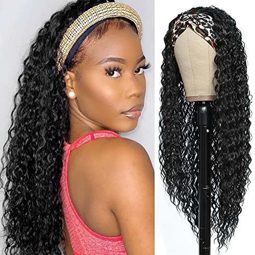 Alicoco 28 Inch Deep Wave Water Long 180% Density Synthetic Headband Wig for Black Women - Natural Color Curly Hairpiece for Daily Wear & Special Occasions