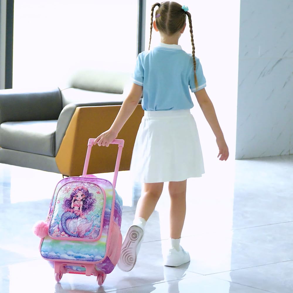 Sparkly Mermaid Rolling Suitcase for Girls - Kids Sequins Luggage with Wheels, Cute Travel Carry-On for Toddler, Preschool & Elementary School - Perfect for Airplane Trips, Sleepovers & Vacation Adventures