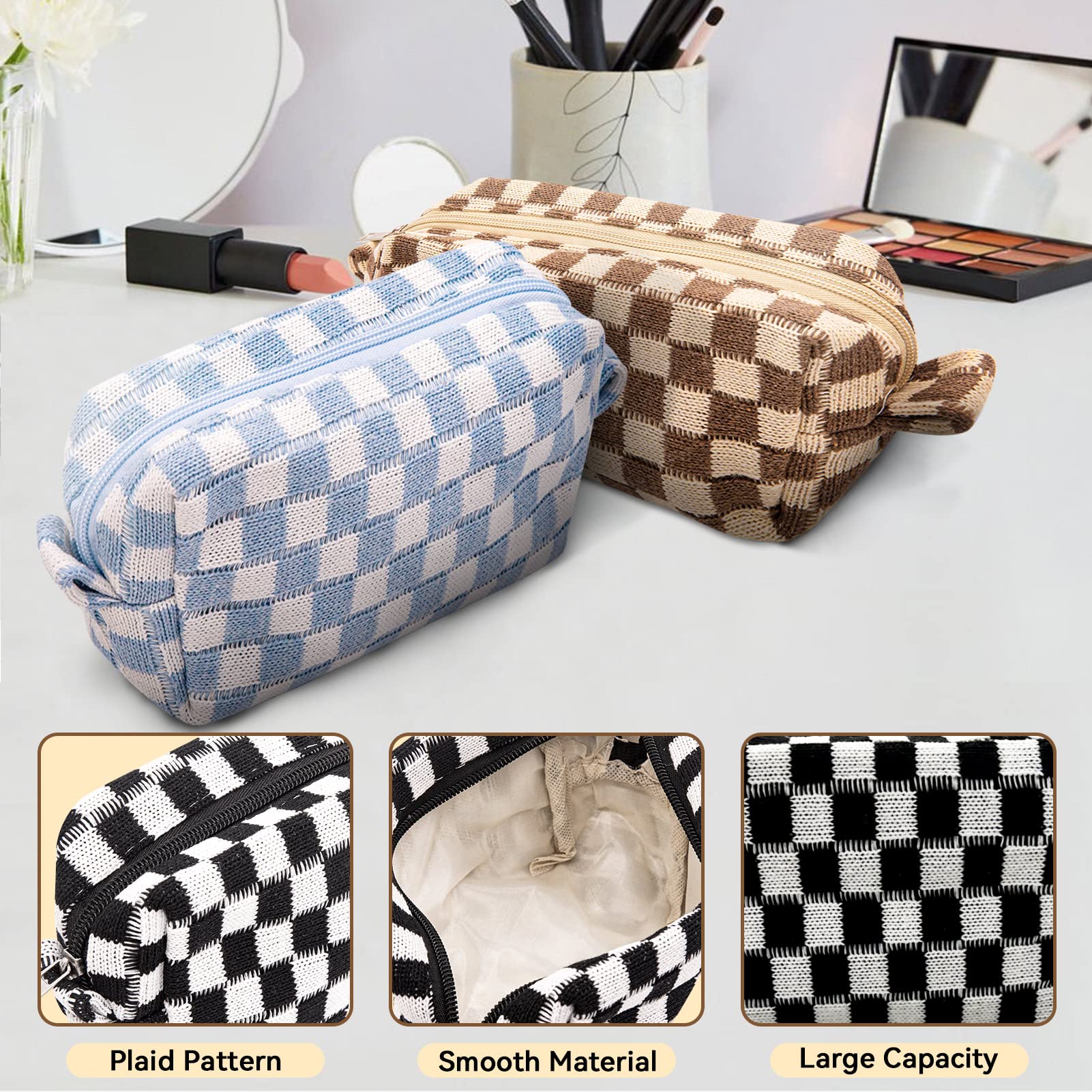 Stylish Checkered Makeup Bag - Large Capacity Cosmetic Organizer for Travel, Toiletries & Brushes Storage (Tri-Color) | Perfect for Daily Use, Vacation & Gift Giving