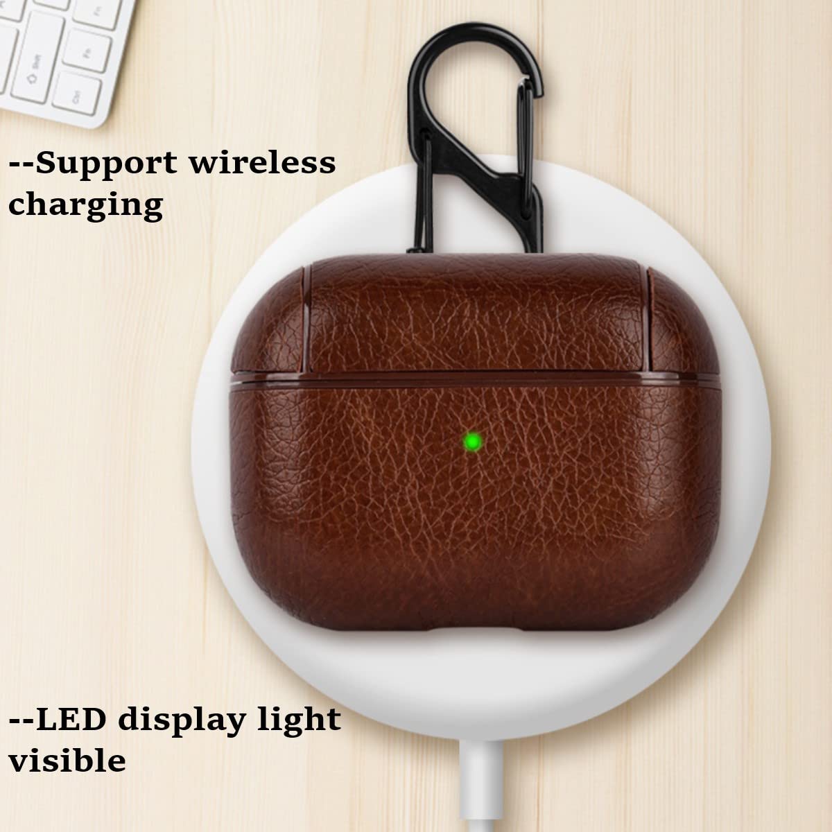 Premium KARLOR PU Leather Protective Case for Apple AirPods Pro 2 (2022) - Wireless Charging Compatible, LED Visible, with Hook - Brown Headphone Cover for Gym, Travel & Daily Use
