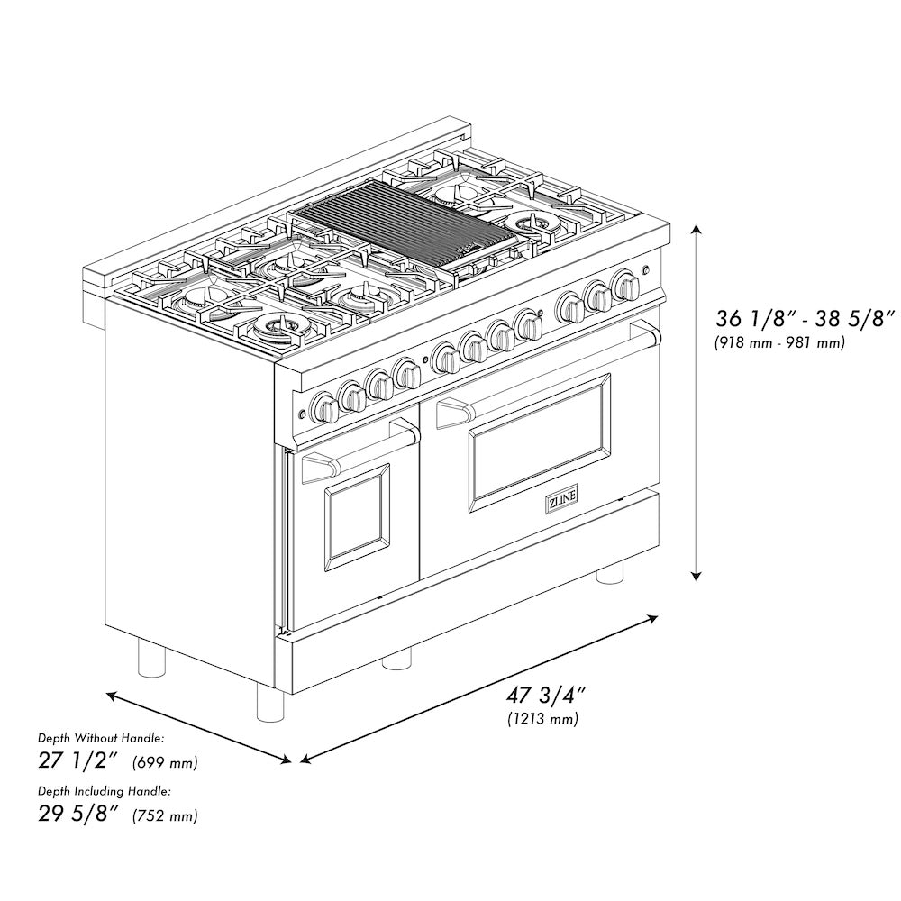ZLINE 48-Inch 6.0 cu. ft. Dual Fuel Range with 7-Burner Gas Cooktop & 2 Electric Ovens - Stainless Steel with Satin Finish - Perfect for Home Chefs & Large Family Cooking (Model RA SN 48)