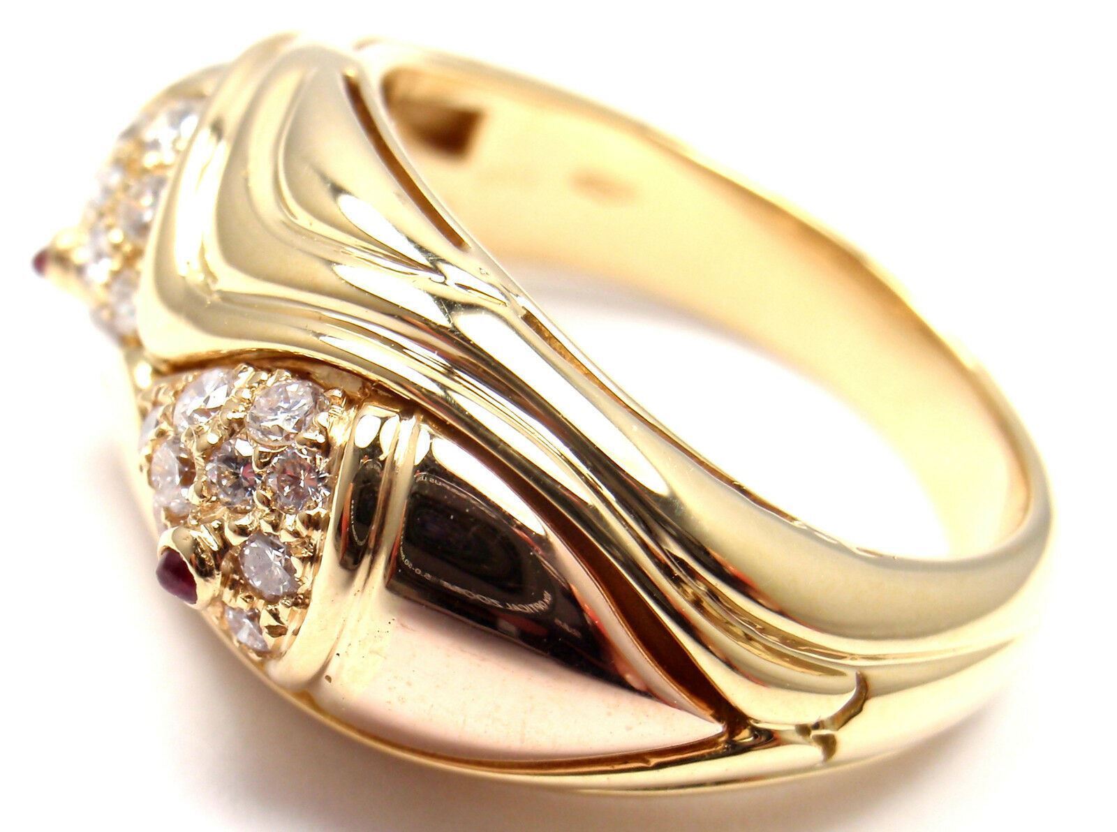 Authentic Bulgari Bvlgari 18k Yellow Gold Diamond Ruby Naturalia Fish Band Ring for Women - Luxury Statement Jewelry for Parties, Weddings & Special Occasions