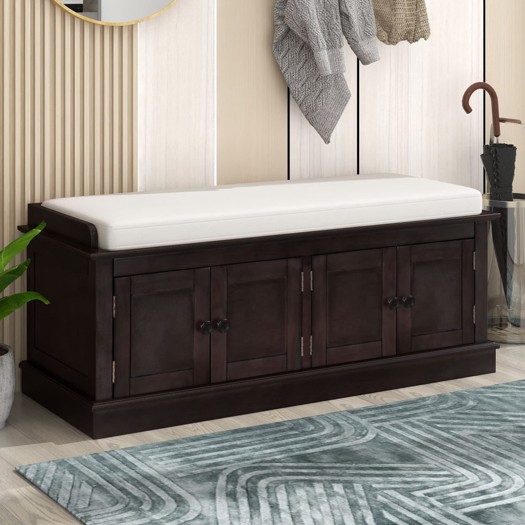 P PURLOVE 4-Door Wooden Storage Bench with Adjustable Shelves & Removable Cushion - Entryway Shoe Bench, Living Room Organizer for Shoes, Blankets & Home Decor | Perfect for Hallway, Bedroom & Mudroom Organization