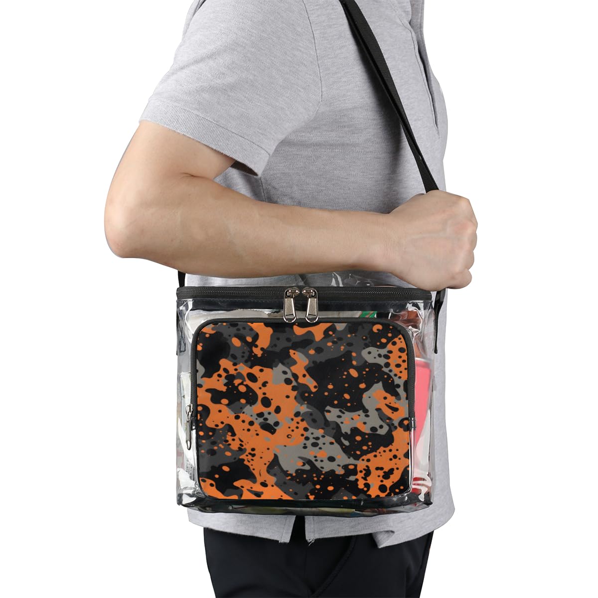 Military Camouflage Orange Black Clear Tote Bag with Handles - Transparent Crossbody Shoulder Bag for Outdoor, Travel, Picnic, Concerts & Sports Events - Stadium Approved Lunch Bag - Durable & Stylish for Camping, Beach & Shopping
