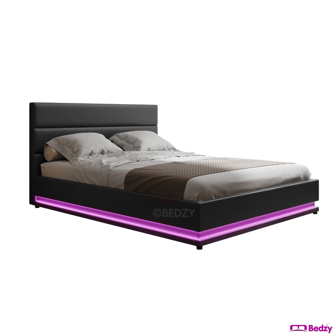 Henley King Single Gas Lift Storage Bed Frame with LED Lights - Black | Modern Space-Saving Bed with Hidden Storage | Perfect for Small Apartments, Dorms & Guest Rooms