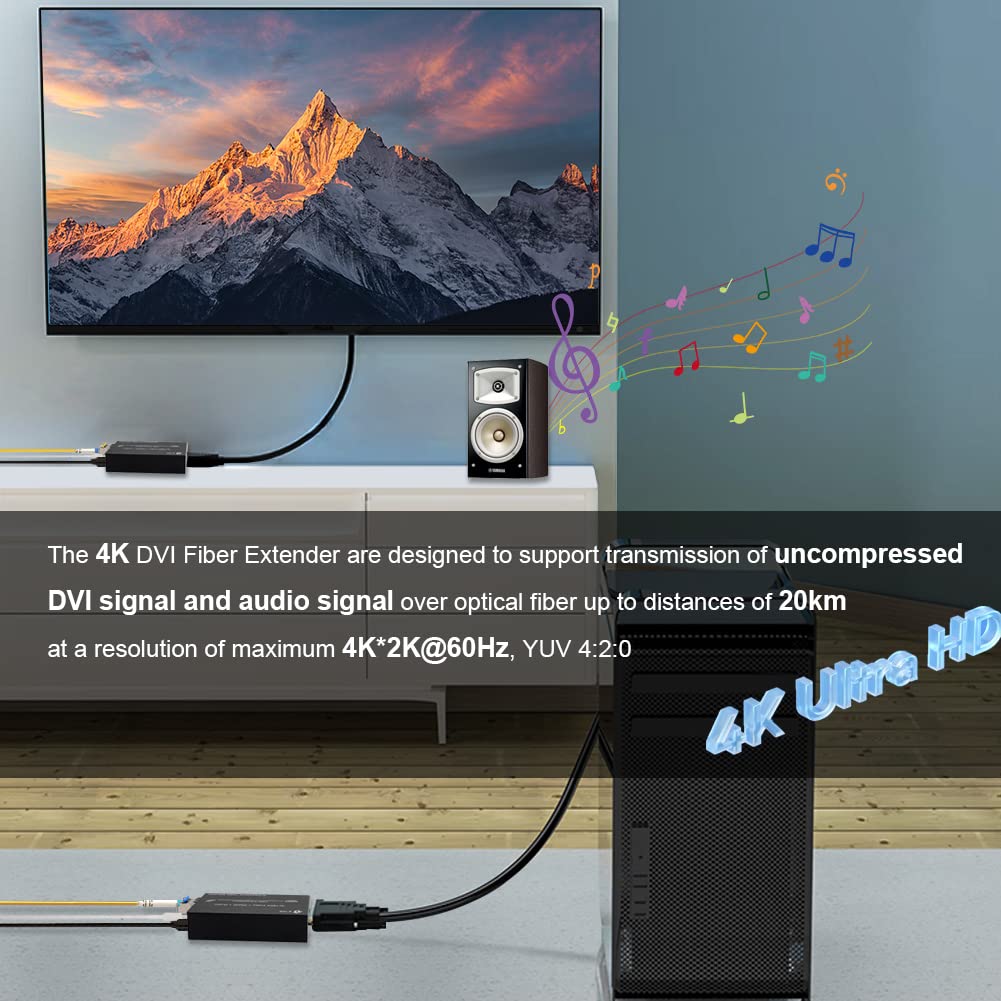 4K DVI Fiber Extender - Ultra HD DVI to Fiber Optic Converter, 20km Single-Mode DVI Video Transmitter with External Stereo Audio Support - Perfect for Long-Distance Digital Signage, Conference Rooms & Industrial Video Transmission