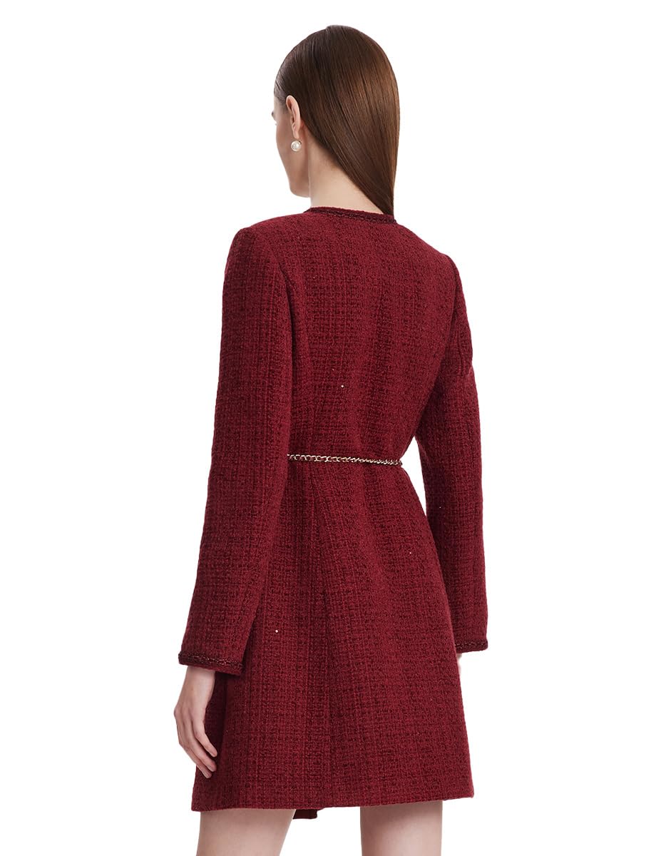 Elegant Women's Tweed Mini Dress with Long Sleeves & Metal Buttons | Formal Crewneck Button-Up Dress for Office, Cocktail Parties & Special Occasions