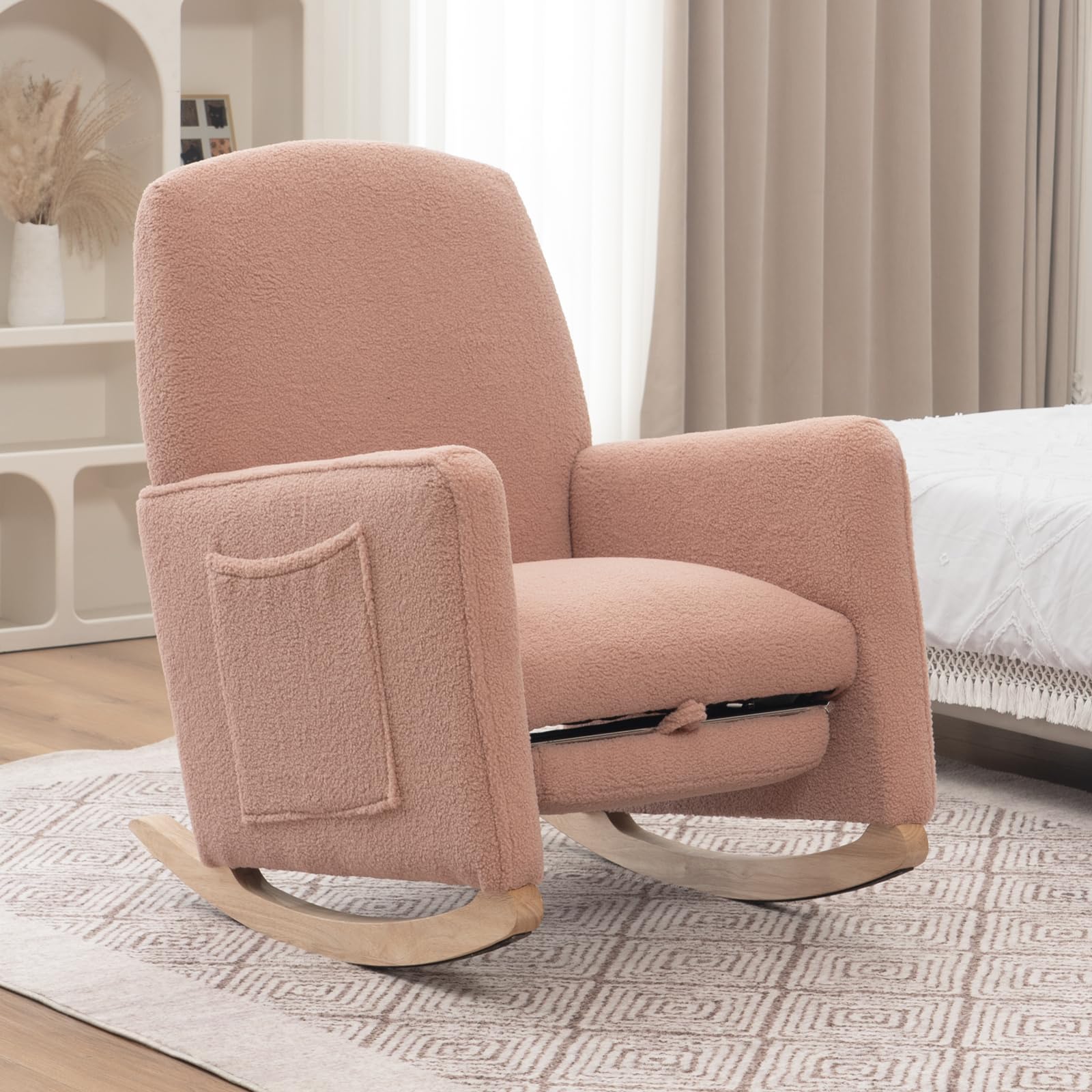 FOXHUNTER Adjustable Nursery Rocking Chair with High Backrest & Footrest - Glider Chair with Side Pockets for Baby Room - Soft Upholstered Rocking Chair for Living Room, Bedroom (Teddy Pink) - Perfect for Nursing, Reading & Relaxing