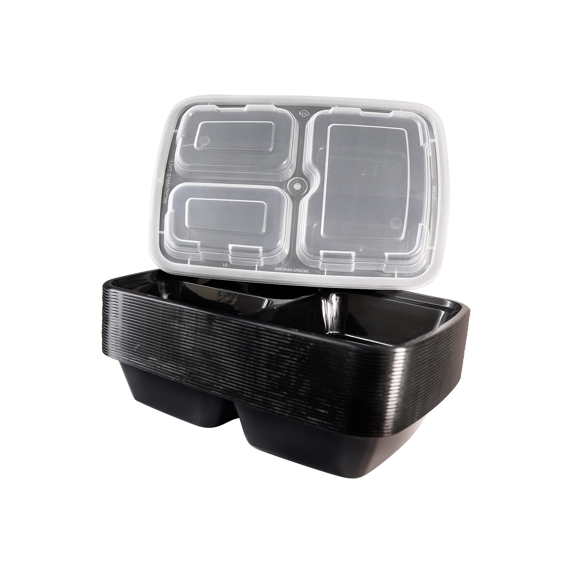 33oz BPA-Free 3 Compartment Meal Prep Containers with Lids - Stackable Black Bento Box for Food Storage | Microwave, Dishwasher & Freezer Safe (50 Pack) | Perfect for Office Lunch, Meal Prepping & Leftovers
