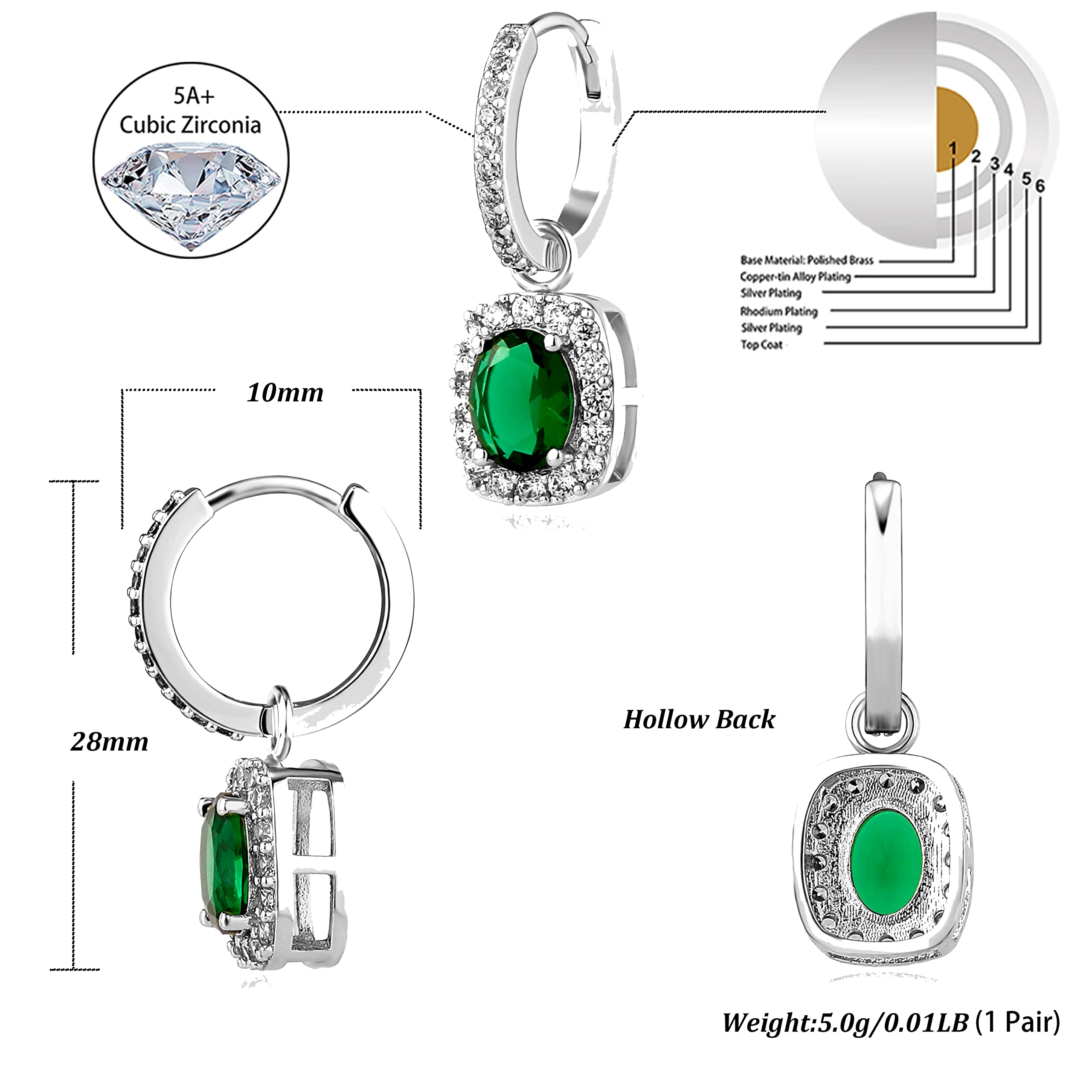 14K Gold Plated Chunky Drop Emerald Green Cubic Zirconia Hoop Earrings for Women - Trendy Dangle Iced Cushion Earrings | Perfect for Parties, Date Nights & Special Occasions