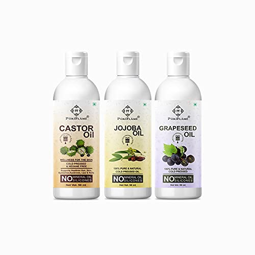PuriFlame 100% Pure Castor Oil, Jojoba Oil & Grapeseed Oil Combo Set - 50ML Each for Hair Growth, Anti Hair Fall & Split Ends Treatment - Promotes Soft, Shiny Hair - Perfect for Daily Hair Care & Scalp Massage (Pack of 3)