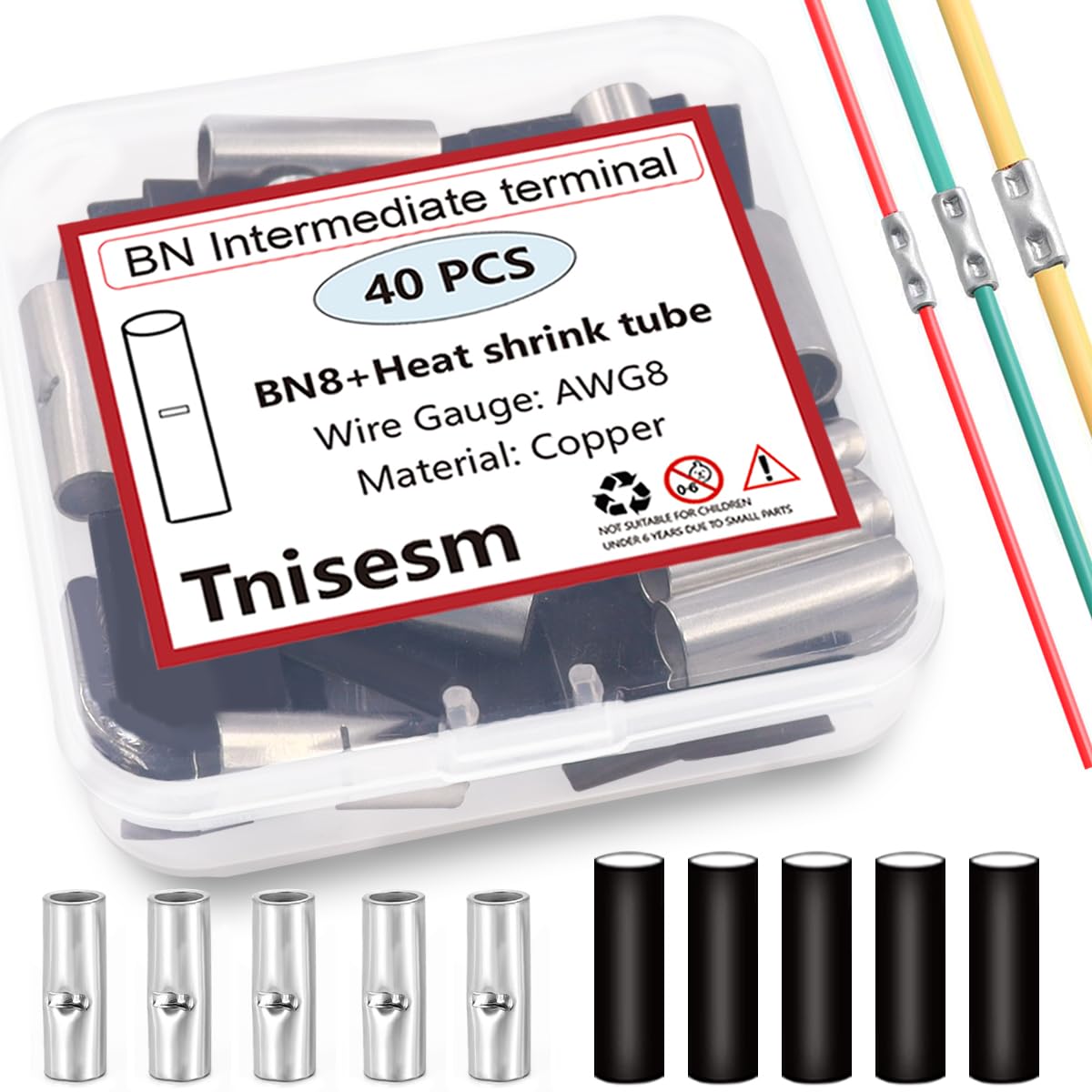 40 Pcs 8 AWG Non-Insulated Butt Connectors - Seamless Crimp Terminals for Automotive, Marine & Electrical Wiring | Tnisesm BN8 Wire Splice Connectors for Reliable Electrical Connections
