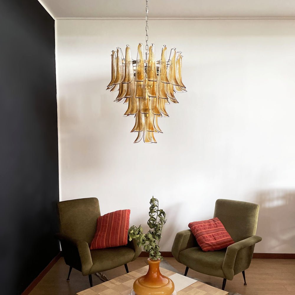 Exquisite Amber Murano Glass Petals Chandelier - Handcrafted Italian Lighting Fixture for Dining Room, Bedroom & Living Room Decor