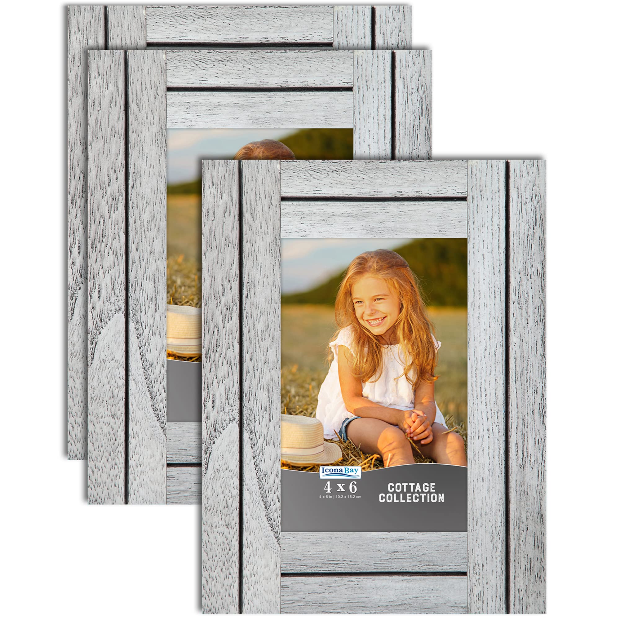 Icona Bay 4x6 Picture Frames (10x15 cm) - Set of 3 Farmhouse White Wooden Frames, Rustic Cottage Style Photo Frames for Wall Display, Tabletop Decor, and Home Gallery Wall Arrangement