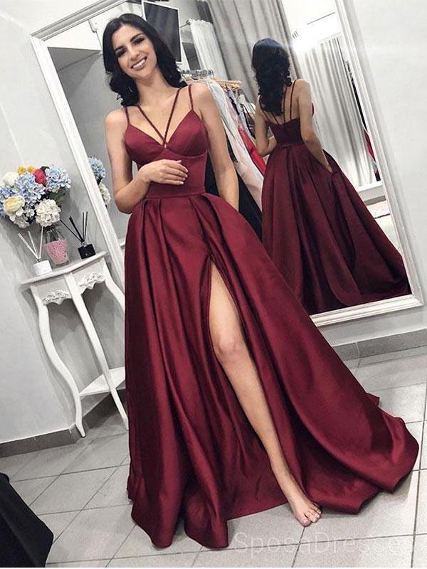 Elegant Maroon Spaghetti Strap Long Evening Dress with Side Slit - Custom Sweet 16 Prom Gown for Women | Perfect for Formal Events, Homecoming & Special Occasions