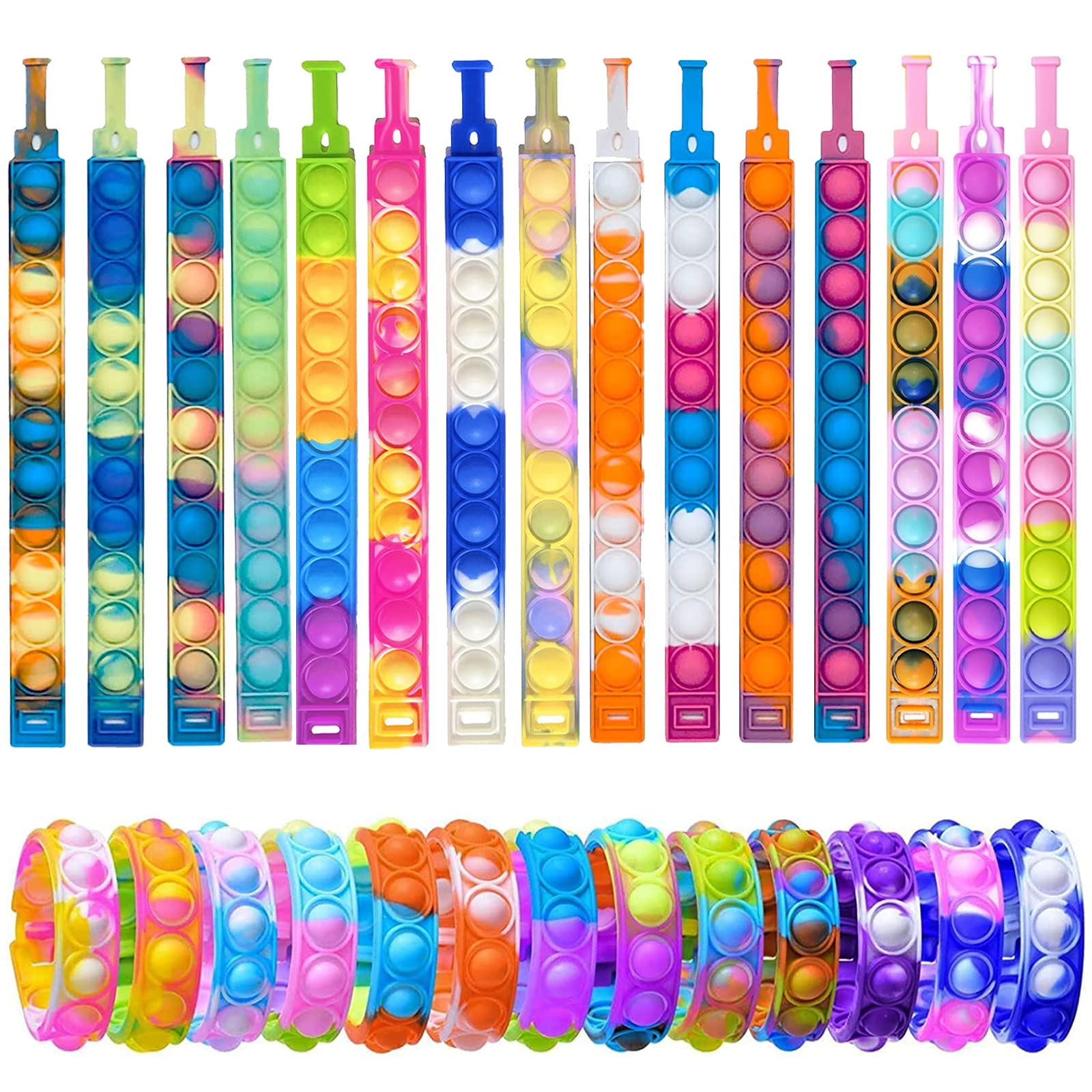 30PCS Pop Fidget Bracelets - Durable Adjustable Stress Relief Wristband Toys for Kids & Adults | Sensory Push Bubble Fidget Toys for Anxiety, ADHD, Classroom & Office Use