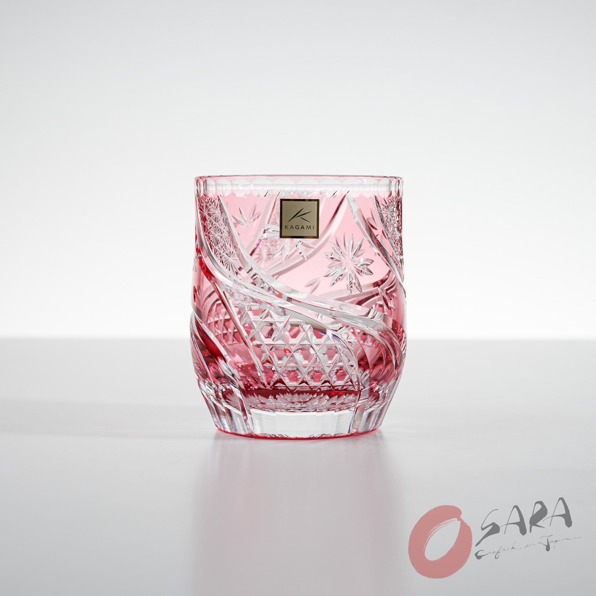 KAGAMI Edo Kiriko Crystal Rock Glass with Floating Cherry Blossoms - Elegant Pink Japanese Whiskey Tumbler for Cocktails, Home Bar Decor & Gift Giving