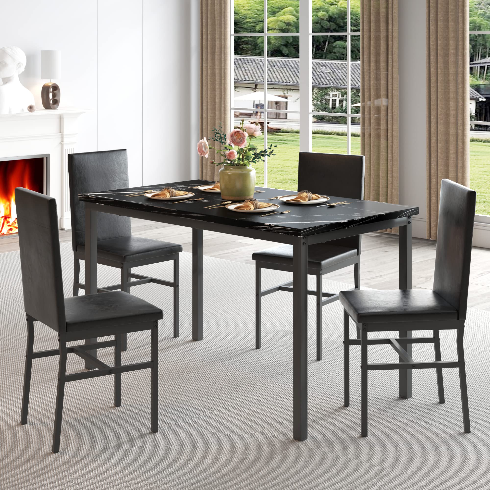 Sesslife 5-Piece Black Dining Table Set for 4 - Kitchen Table & 4 Chairs - Modern Dining Room Furniture for Small Spaces - Perfect for Breakfast Nook, Dinette, and Family Meals
