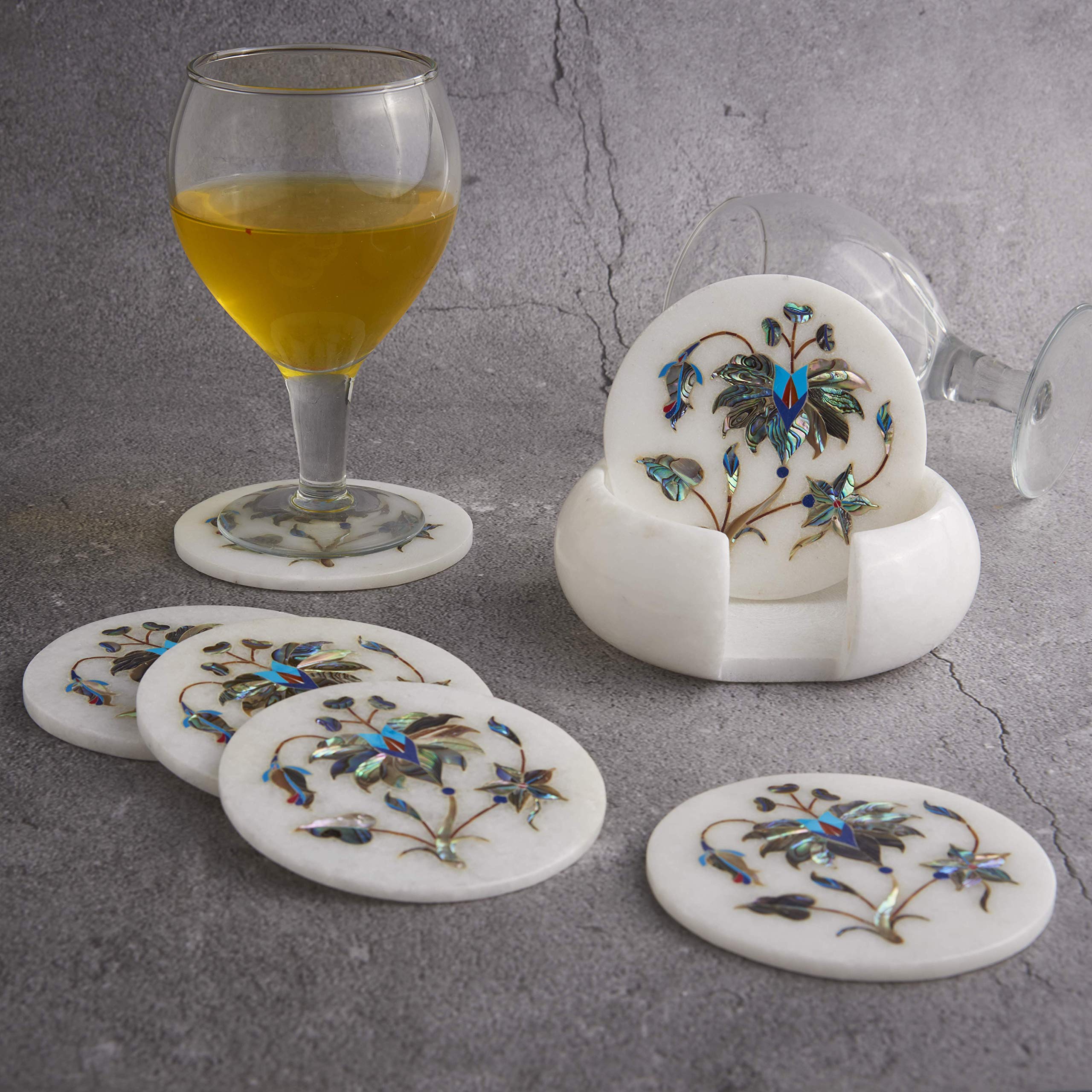 Natural White Makrana Marble Coasters Set of 6 with Holder - Shiny Abalone Shell Inlaid Drink Coasters, 4 Inch Tile for Coffee Table Decor - Perfect for Home, Office, and Gift Giving