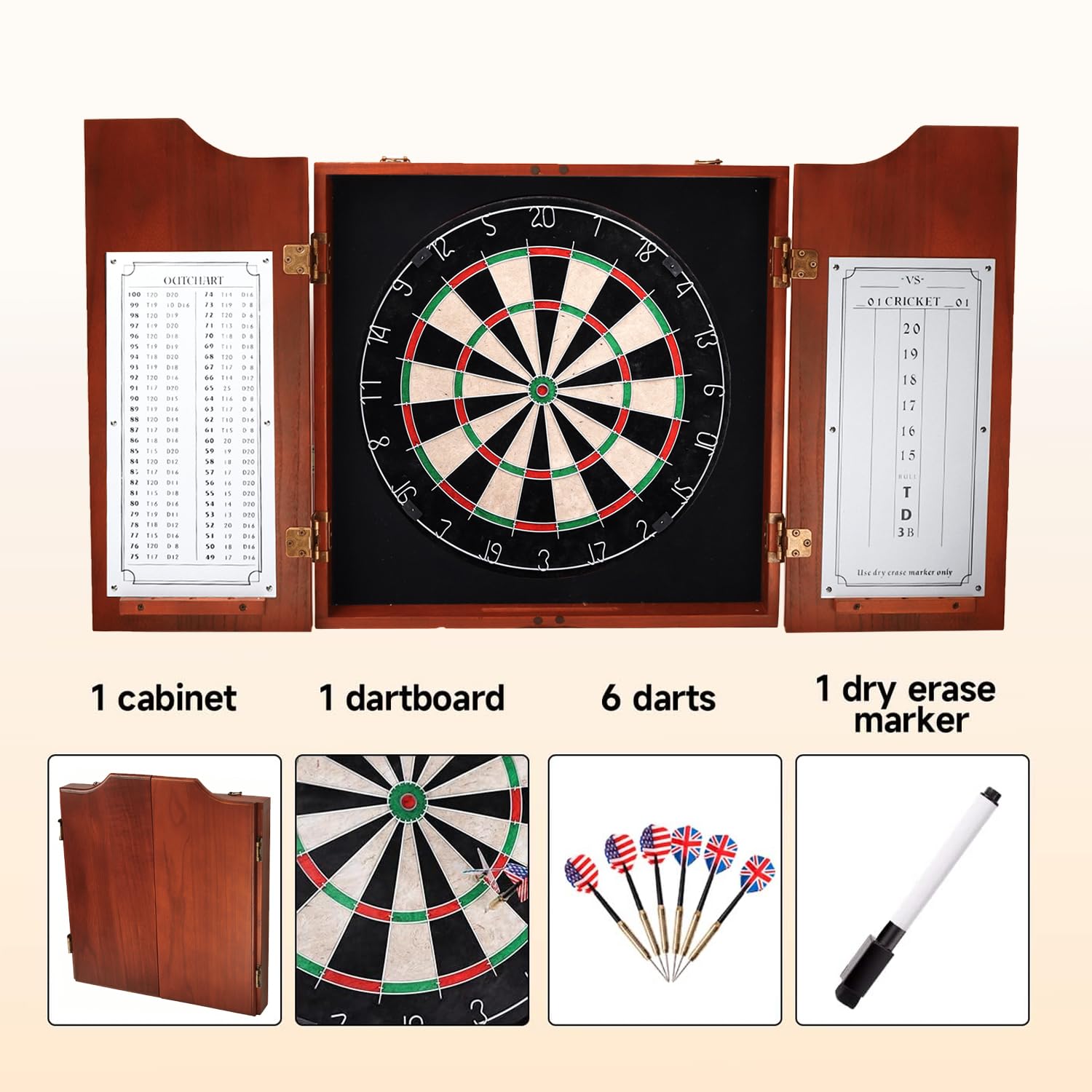 GSE Games & Sports Expert Professional Solid Wood Dartboard Cabinet with Sisal Bristle Board - Includes Scoreboard, 6 Steel Tip Darts & All Accessories (Mahogany) | Perfect for Game Rooms, Bars & Home Entertainment