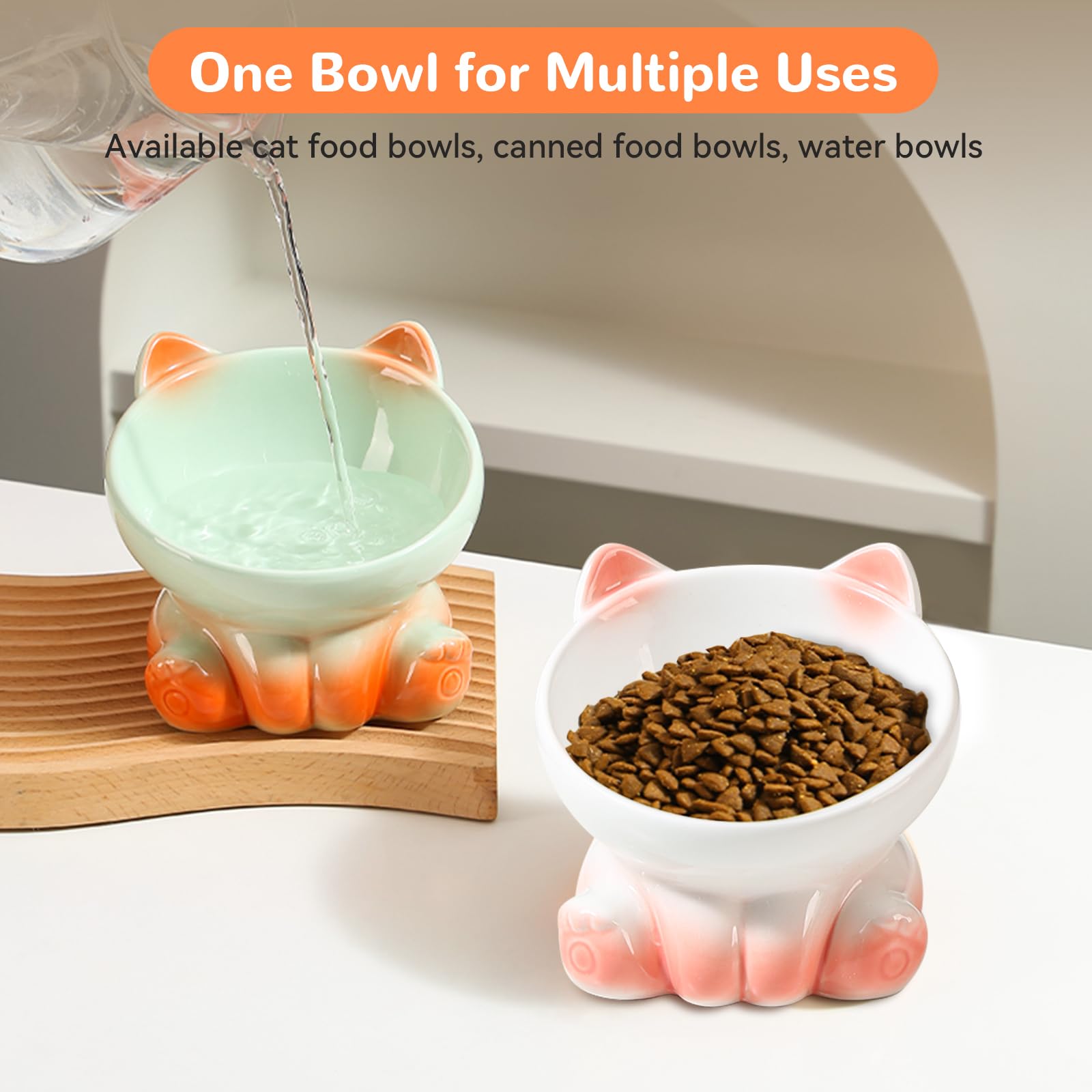 Elevated Cat Bowls for Indoor Cats - Whisker-Friendly Tilted Ceramic Cat Food Dish with Gradient Design (White & Pink) - Perfect for All Ages, Reduces Neck Strain & Messy Eating - Ideal for Small Spaces, Kitchen Countertops or Pet Feeding Stations