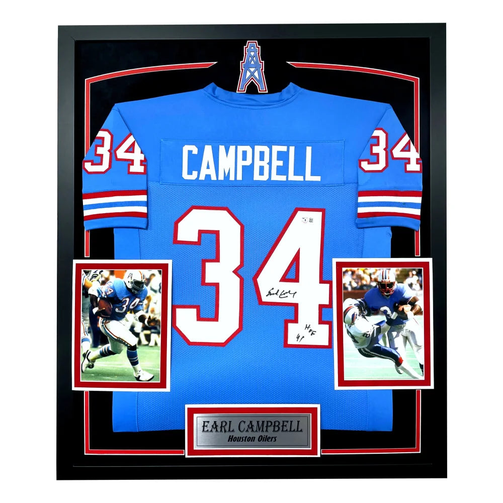 Earl Campbell Autographed Houston Oilers Jersey - Framed BAS Certified Signed NFL Memorabilia - Perfect for Sports Collectors, Man Cave Decor & Football Fan Gifts