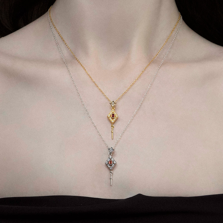 Gatsby Garnet & Sword Necklace in Silver - Vintage Inspired Jewelry for Women, Perfect for Parties, Weddings & Special Occasions