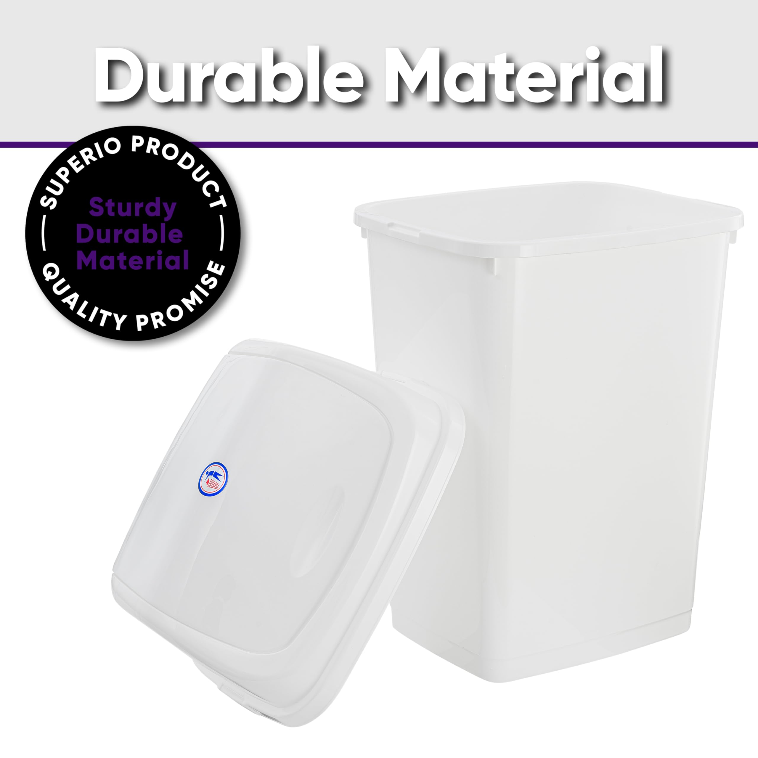 Superior 13 Gallon Kitchen Trash Can with Swing Lid - Large 52 Qt Plastic Garbage Bin for Indoor & Outdoor Use - Waste Basket for Home, Office, Garage, Patio, Restaurant - Perfect for Kitchen Waste Disposal & Recycling (White)