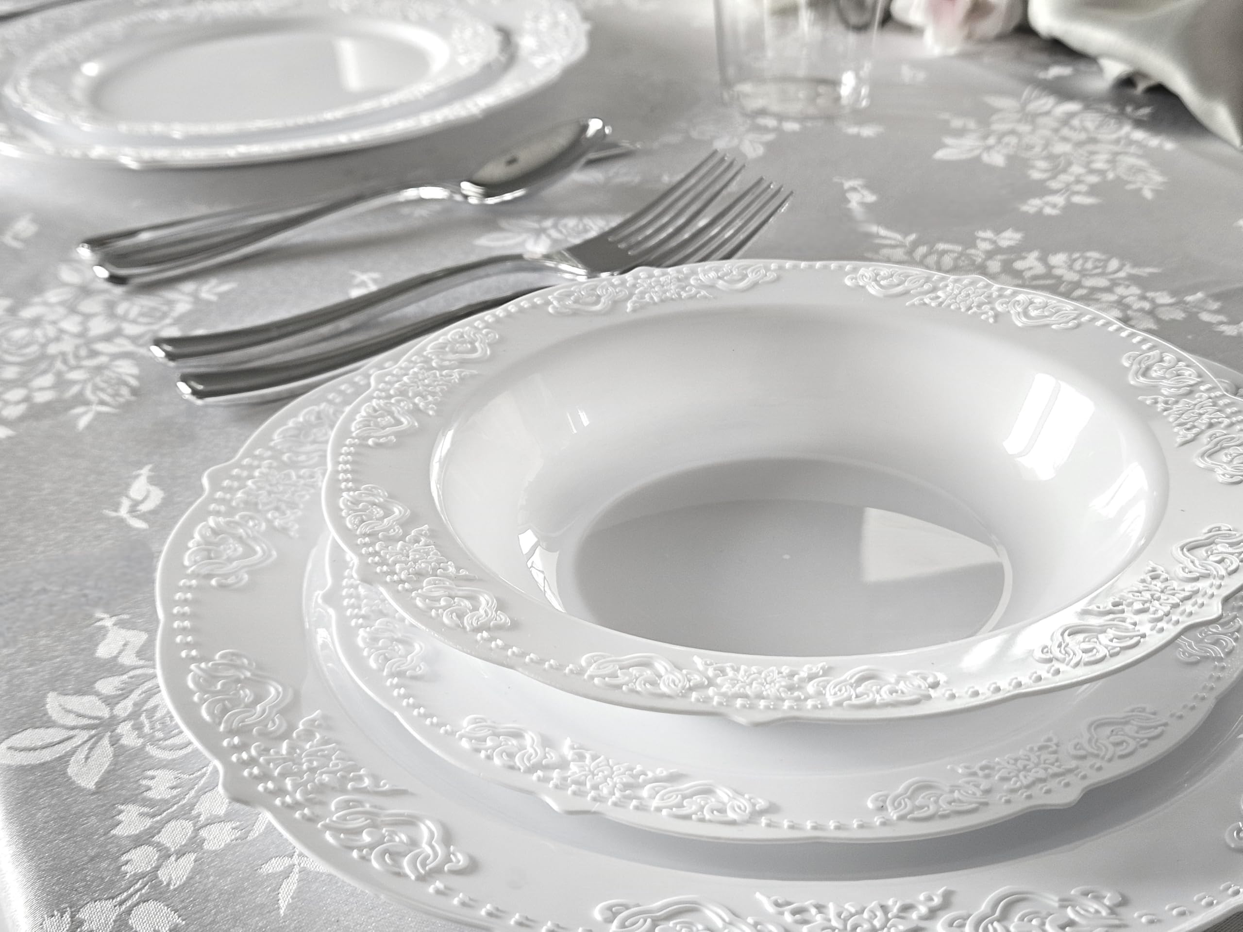 120-Piece Vintage Style Disposable Plastic Plates & Bowls Set - 10oz White Soup Bowls for Wedding, Party & Special Occasions | Elegant Dinnerware for Catering, Picnics & Events