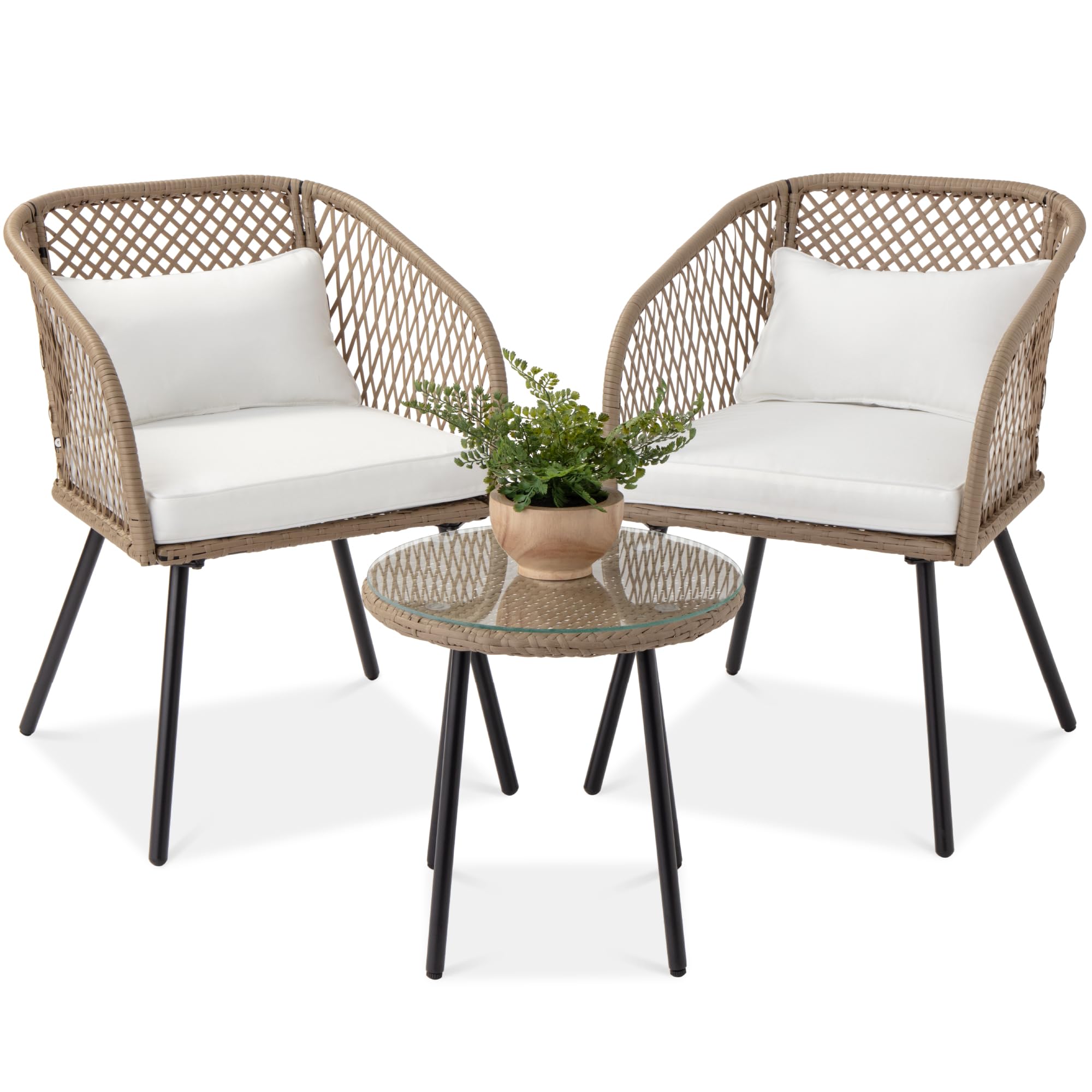 Best Choice Products 3-Piece Outdoor Wicker Bistro Set - Ivory Patio Dining Furniture with Diamond Weave Design & Tempered Glass Side Table - Perfect for Backyard, Balcony, Porch, Garden & Outdoor Entertaining