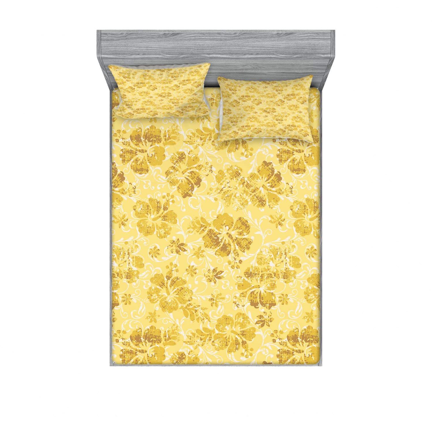 Ambesonne 2-Pack Queen Size Fitted Sheet & Pillow Sham Set - Exotic Hibiscus Floral Bedding Decor (4-Piece Set, Yellow & White) for Tropical Bedroom, Guest Room, Vacation Home Decor