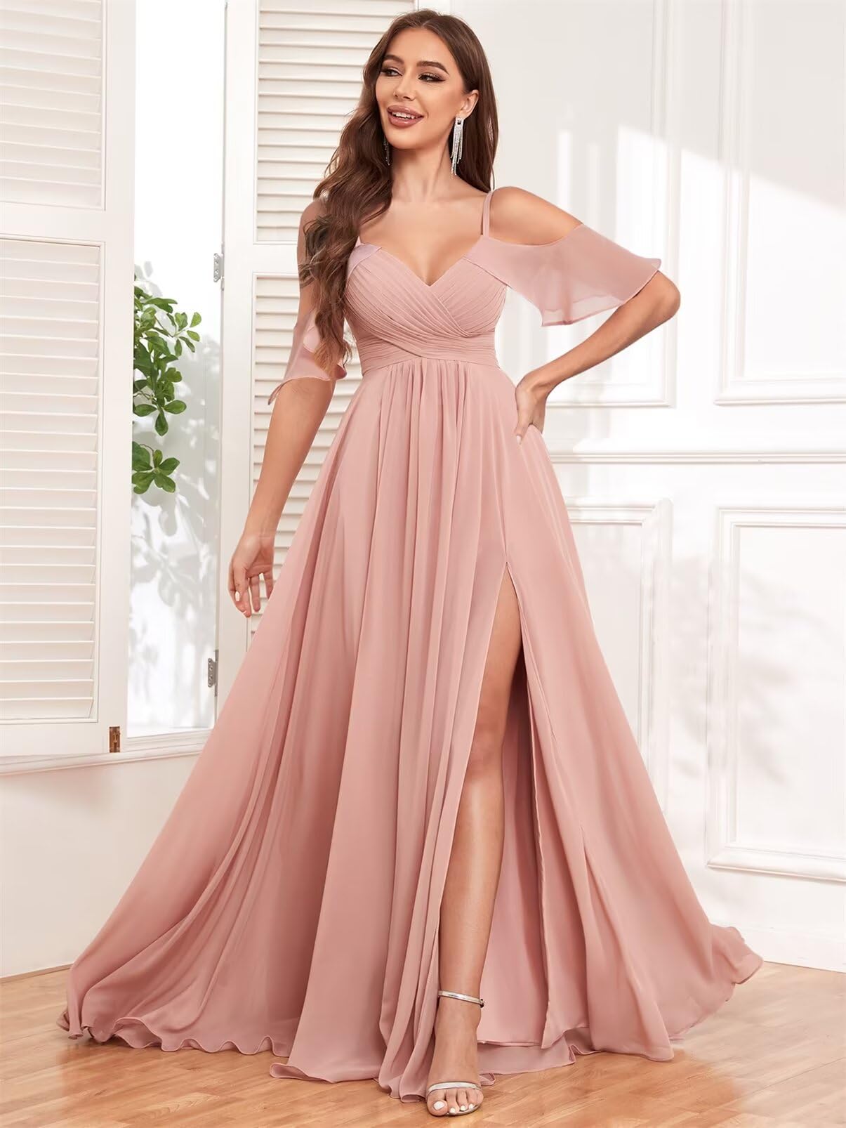 Elegant Cold Shoulder Chiffon Bridesmaid Dresses for Women - Long Pleated Formal Gown with Side Slit & Pockets | Perfect for Weddings, Proms, and Special Occasions
