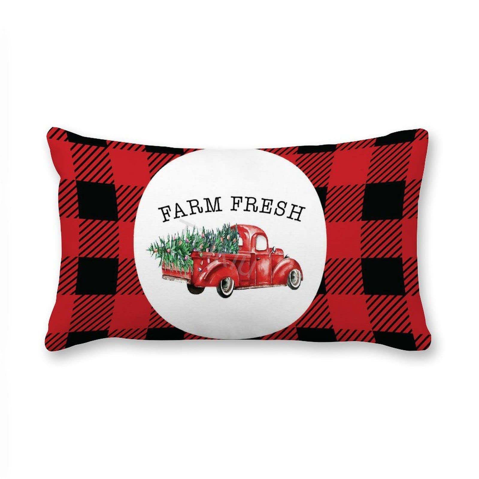 2 Pack Canvas Christmas Truck Buffalo Plaid Lumbar Pillow Covers - 14x24 Inch Decorative Rectangular Throw Pillow Cases for Couch, Sofa, Bed & Living Room - Perfect for Holiday Home Decor and Cozy Winter Accents
