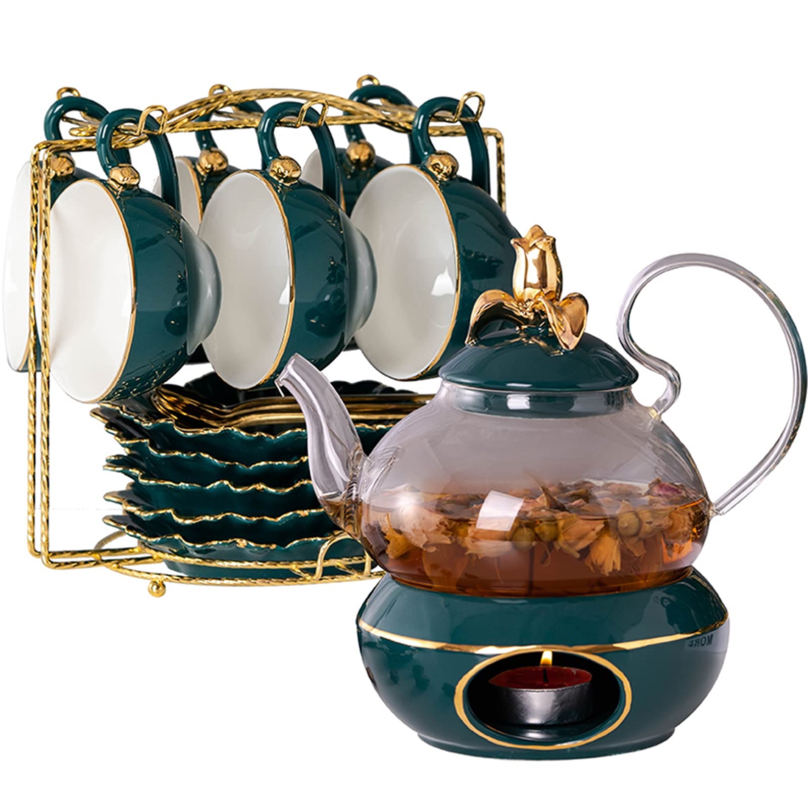Premium Glass Teapot Set with Ceramic Lid & Heat Preservation Candle Holder - Includes Cup & Saucer for Tea, Juice or Water - Perfect for Home, Office & Gift Giving