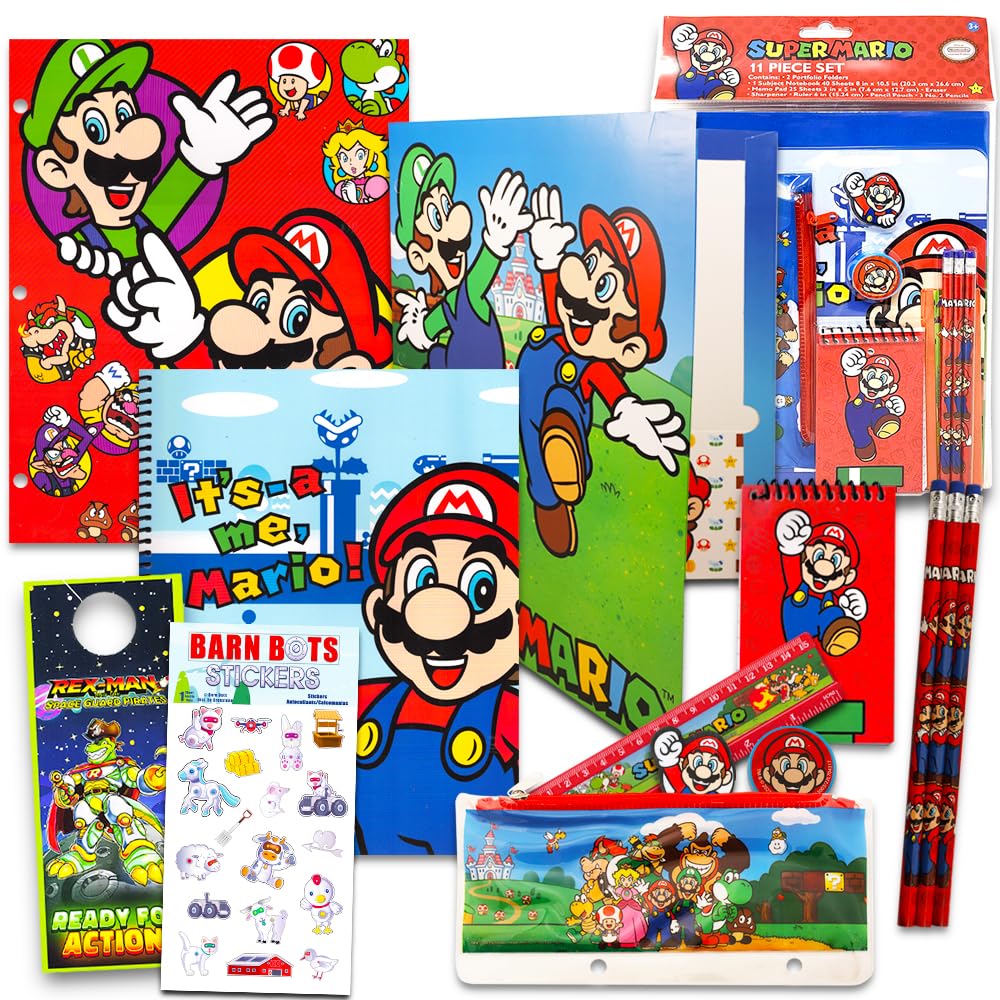 Nintendo Super Mario School Supplies Value Pack - Folders, Markers, Pencils, Erasers for Kids & Students | Back to School Essentials & Classroom Organization