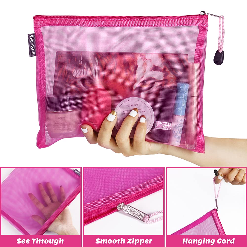 6 Pack Mesh Cosmetic Bags with Zipper - Nylon Makeup Pouches for Travel, Home, Office & Diaper Bag Organization (Rose) | Waterproof Toiletry Case for Women & Teens | Perfect for Gym, Vacation & Daily Essentials Storage