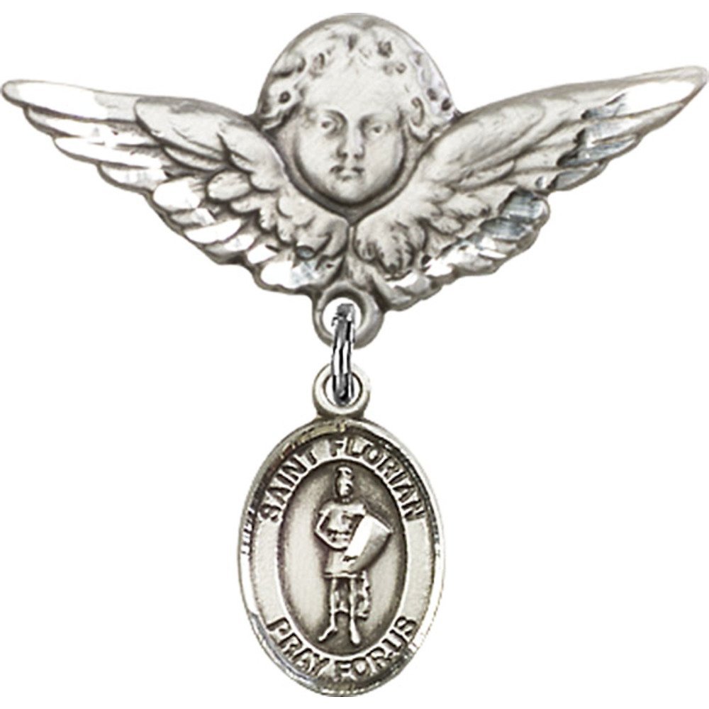 St. Florian Sterling Silver Baby Badge with Angel Wing Charm - 1 1/8 Inch Religious Pin for Baptism, Christening & First Communion Gifts