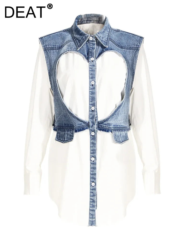 DEAT Fashion Women's Denim Shirt - Lapel Loose Fit Hollow Out Design Single Breasted Blouse with Denim Splice Fake Two Piece Look | Summer Casual Wear for Outings, Work & Date Nights