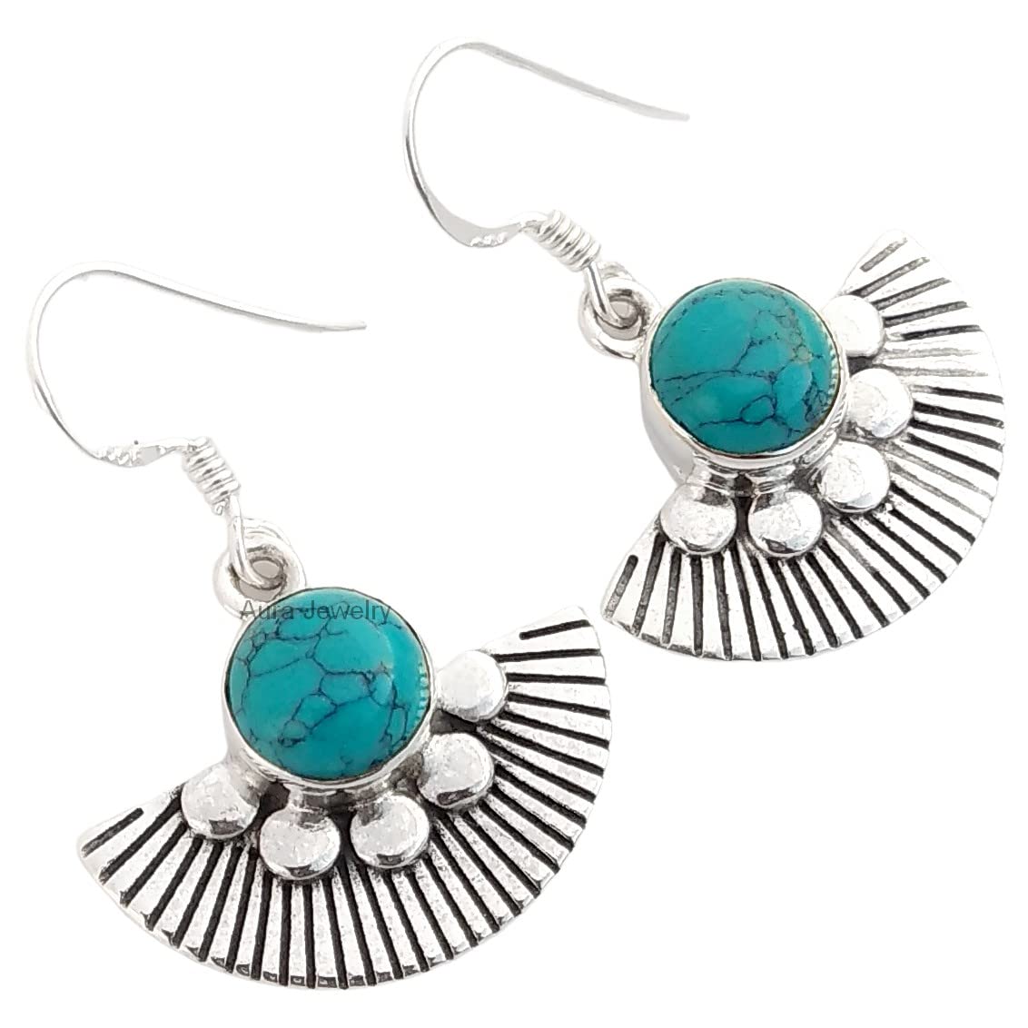 925 Sterling Silver Earrings for Women - Genuine Turquoise Dangle Earrings with Bezel Set Round Blue Gemstone | December Birthstone Jewelry | Hypoallergenic Minimalist Earrings | Perfect Halloween Gift, Birthday Present & Everyday Wear