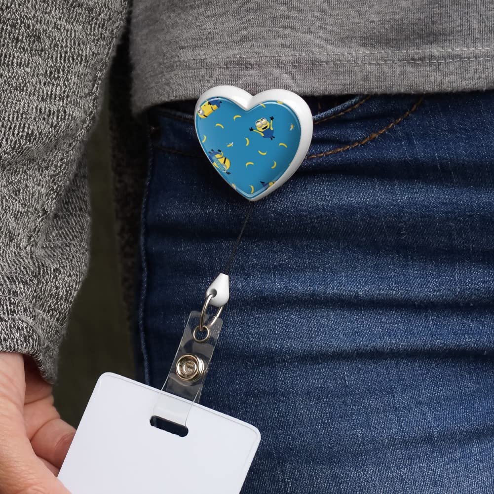 Minions Banana Pattern Heart Lanyard with Retractable Reel - Cute ID Badge Holder for Work, School & Events - Fun Office Accessories & Teacher Gifts