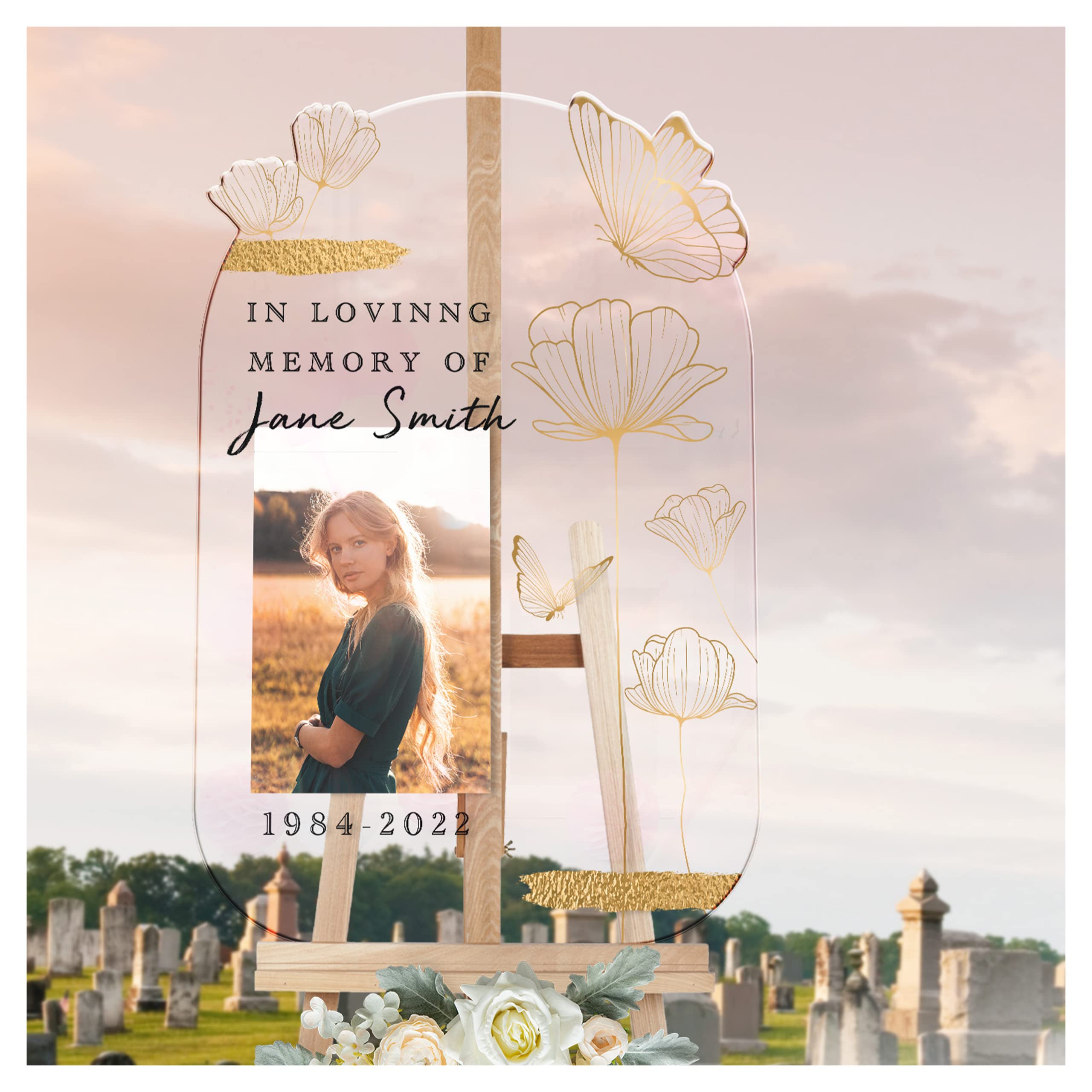 Personalized In Loving Memory Funeral Sign with Photo - Custom Butterfly Memorial Sign for Funerals - Celebration of Life Decorations (Acrylic) - Perfect for Memorial Services, Funeral Homes & Sympathy Gifts
