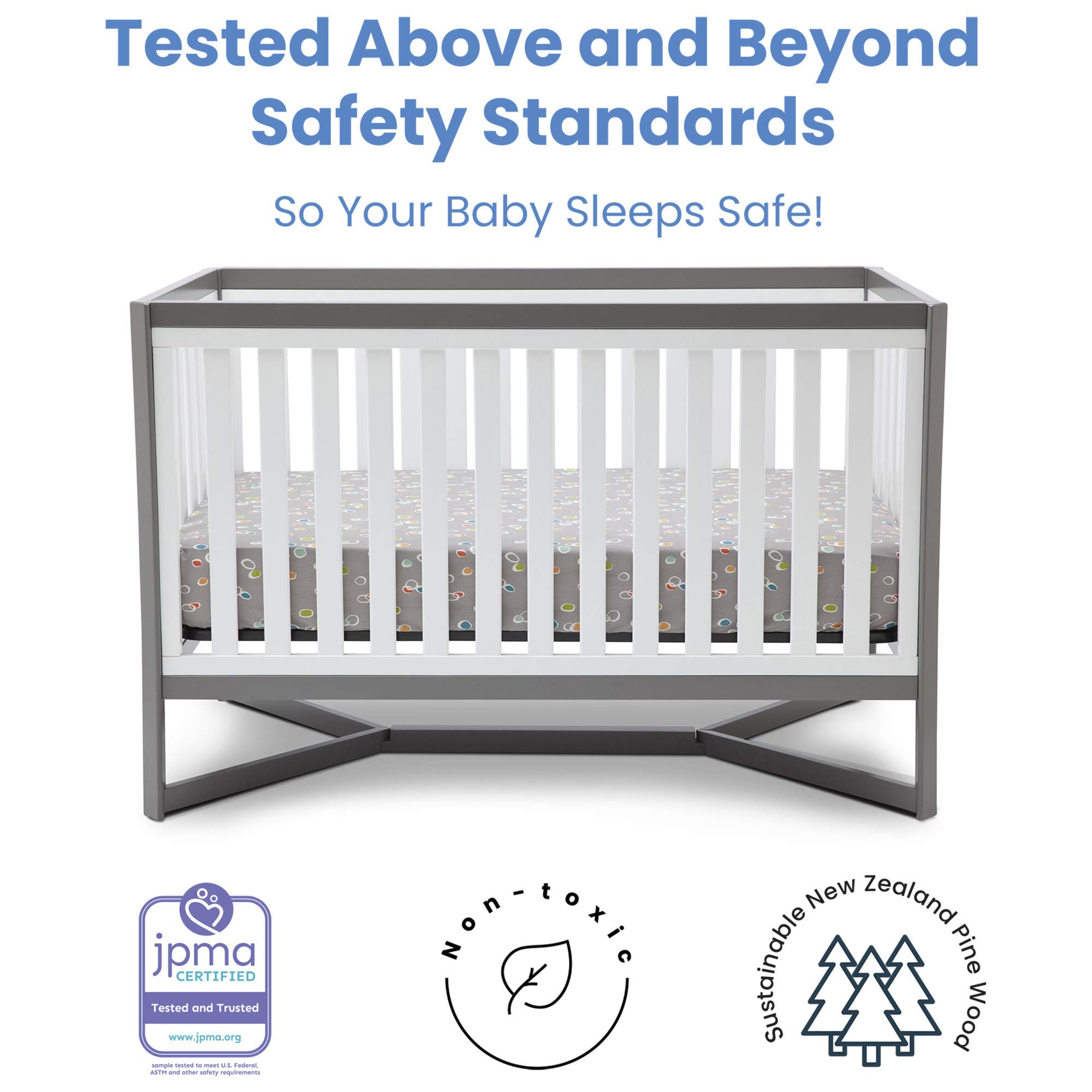 Delta Children Tribeca 4-in-1 Convertible Baby Crib with Serta Perfect Slumber Dual-Sided Mattress - Waterproof, Hypoallergenic, GREENGUARD Gold Certified - Grey/White | Nursery Furniture for Newborns, Infants & Toddlers | Safe Sleep Solution for Modern Parents