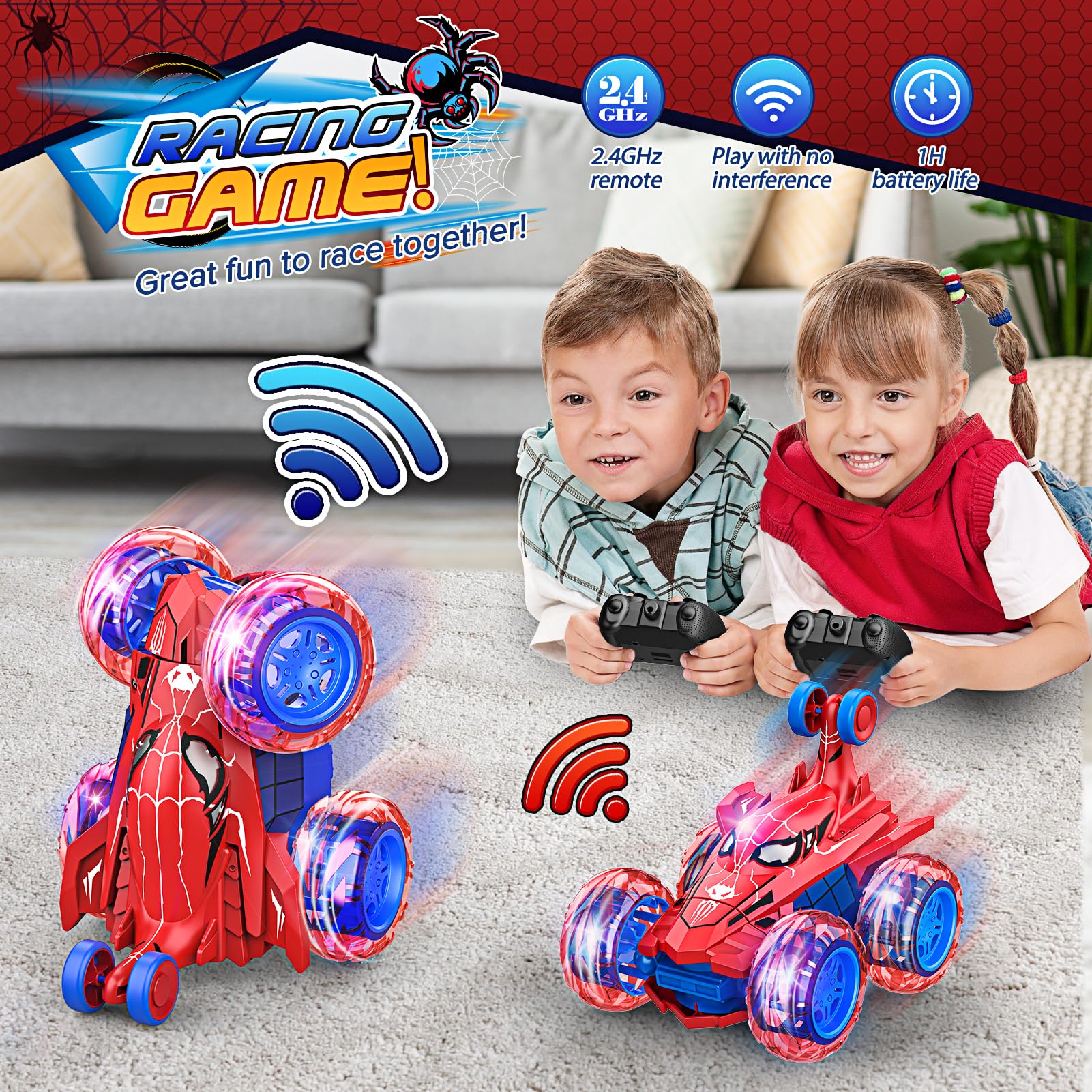 High-Speed 4WD Remote Control Car with 360° Stunt & LED Wheel Lights - RC Toy for Boys Ages 3-10 - Best Birthday & Christmas Gift for Kids - Perfect for Indoor & Outdoor Play, Backyard Racing & Family Fun