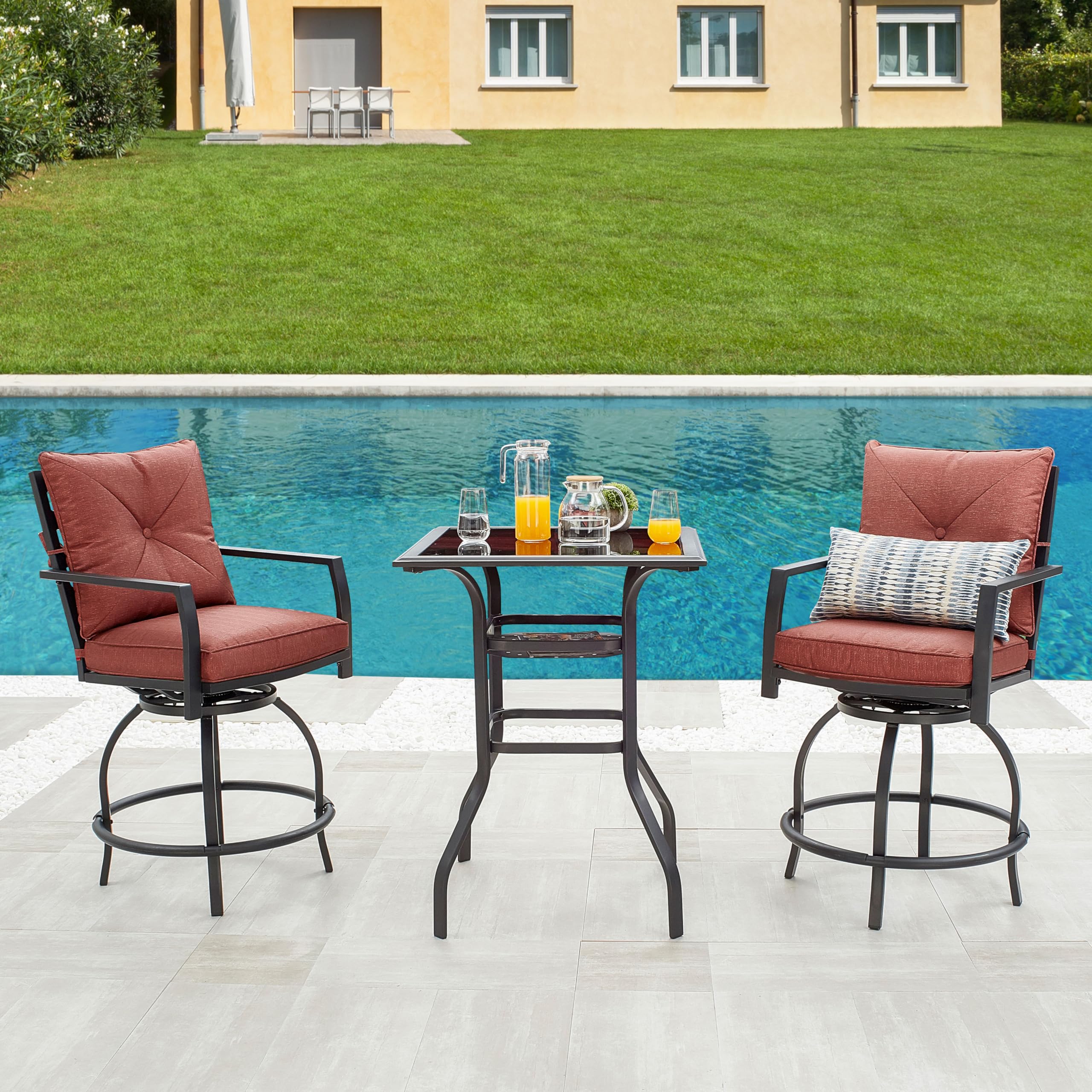 LOKATSE HOME 3-Piece Patio Bar Set with 2 Swivel Bar Stools & 1 High Glass Top Table - Outdoor Bistro Dining Furniture for Balcony, Deck, Garden - Red (Bar Height)