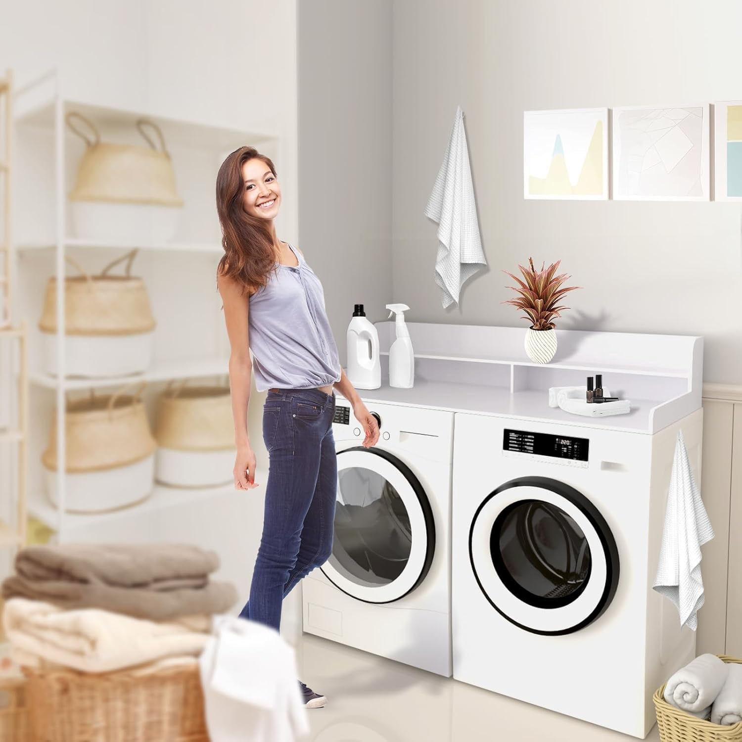 Compact White 2-Tier Laundry Countertop with Storage - Space-Saving Washer & Dryer Stand for Small Apartments, Kitchens & Laundry Rooms - Perfect for Organizing Detergents & Cleaning Supplies